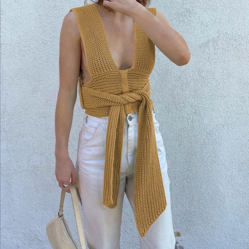 Chic Women Knitted Bandage Self Tie Tank Top Sleeveless Vest DIY Wear Brown