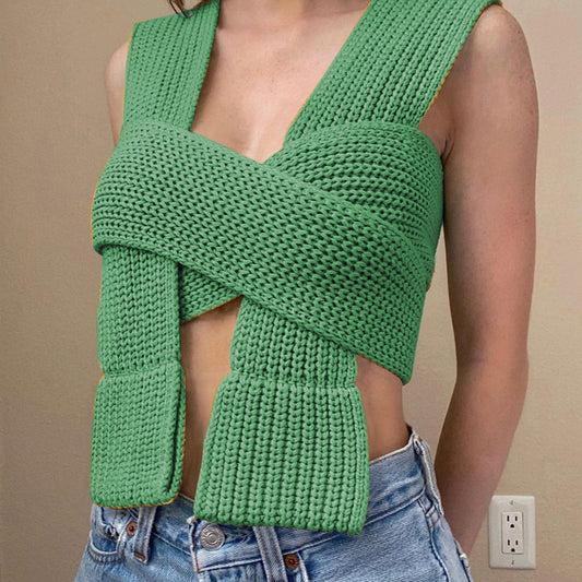 Chic Women Knitted Bandage Self Tie Tank Top Sleeveless Vest DIY Wear Green