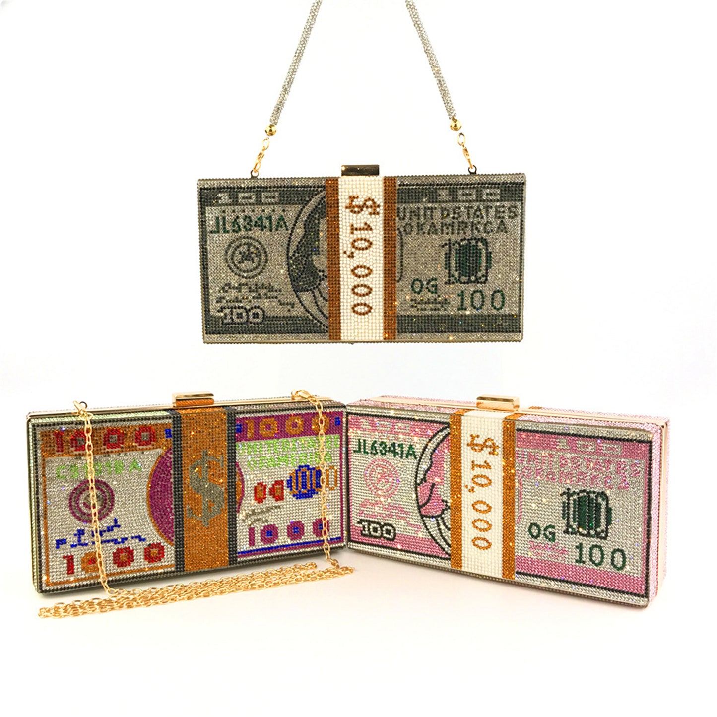 Dollar Cash Bag Rhinestone Money Shoulder Bag Bill Diamond Clutch Purse Light Gray