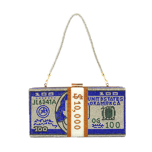 Dollar Cash Bag Rhinestone Money Shoulder Bag Bill Diamond Clutch Purse Blue