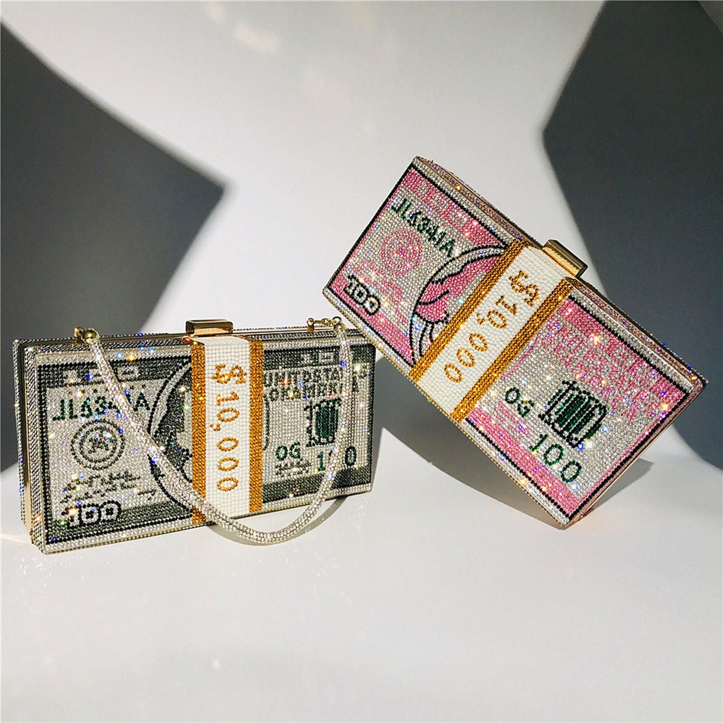 Dollar Cash Bag Rhinestone Money Shoulder Bag Bill Diamond Clutch Purse Pink