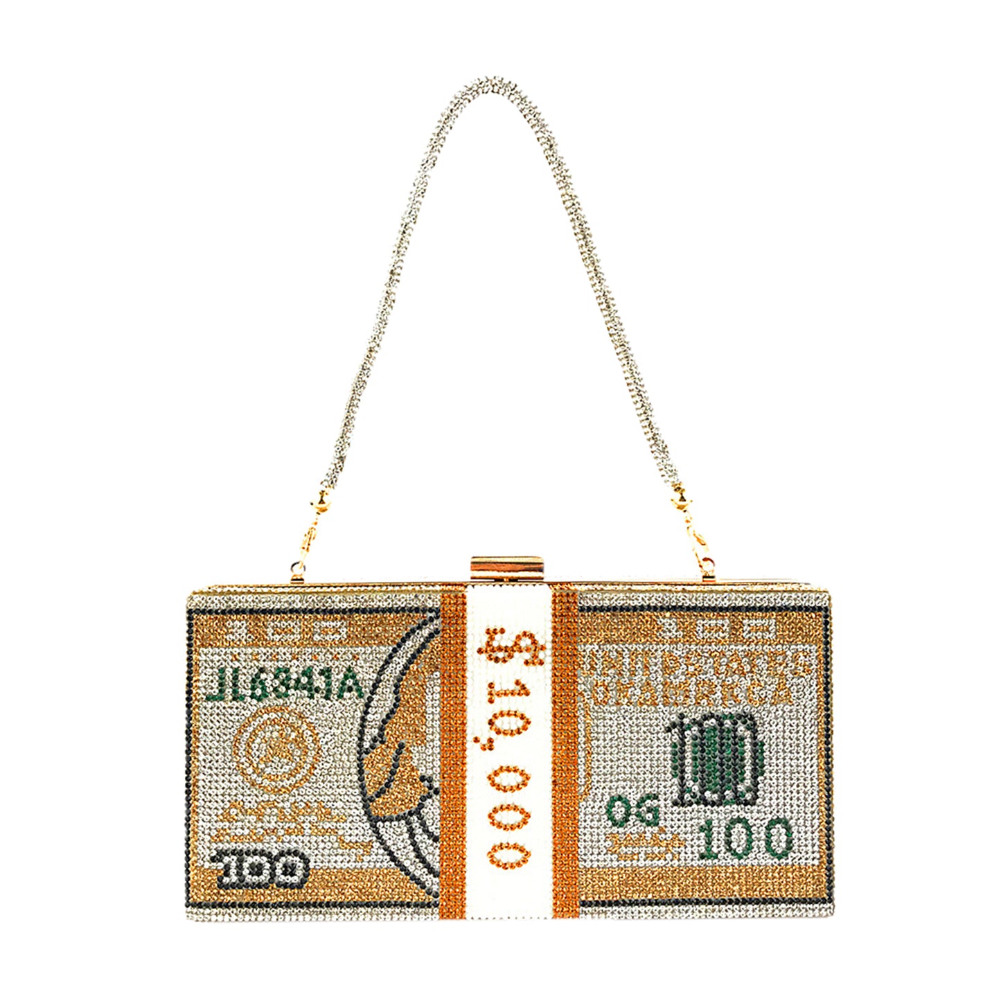 Dollar Cash Bag Rhinestone Money Shoulder Bag Bill Diamond Clutch Purse Golden