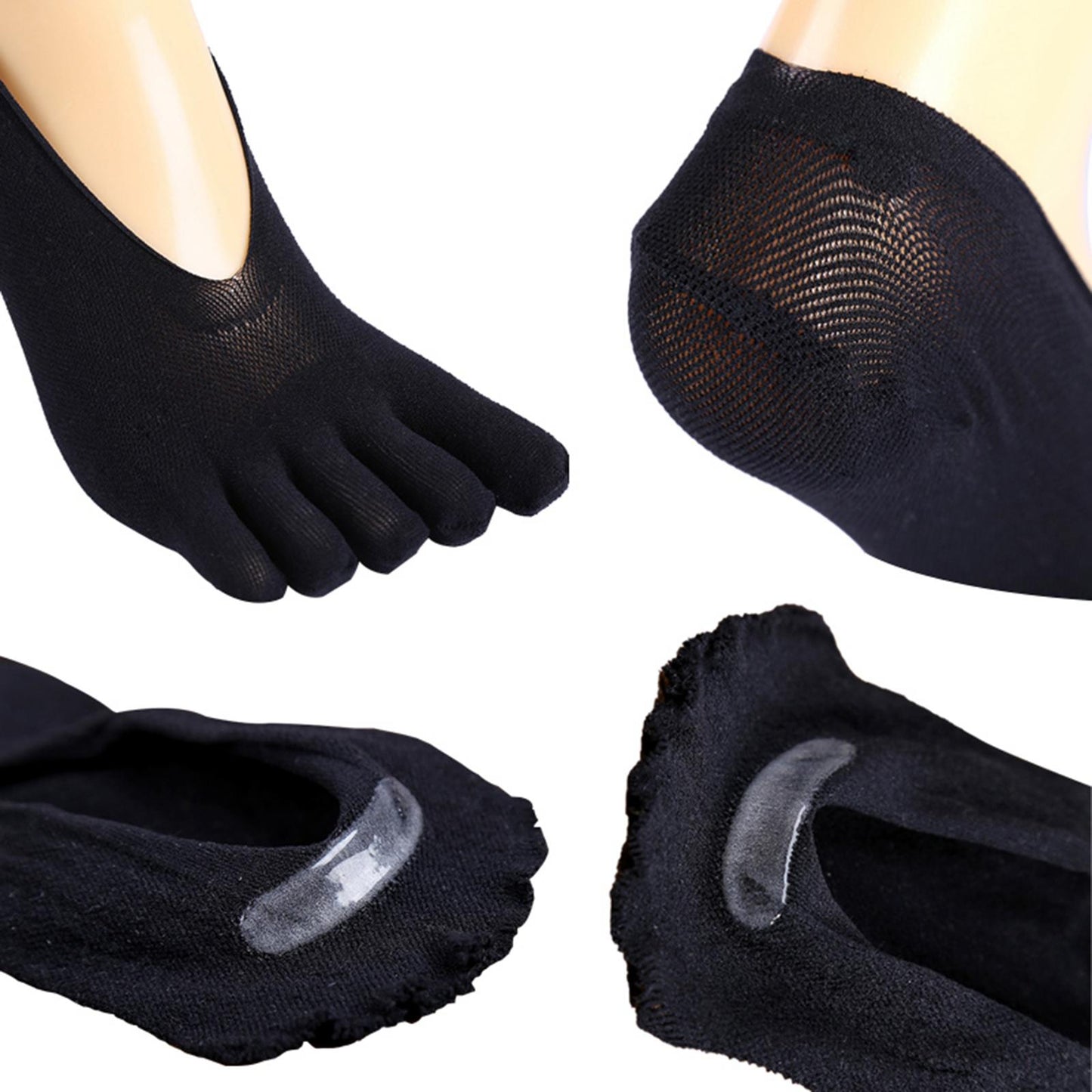 Women FIVE FINGER SOCKS with Silicone Pad Toe Sock Invisible Low Cut Black