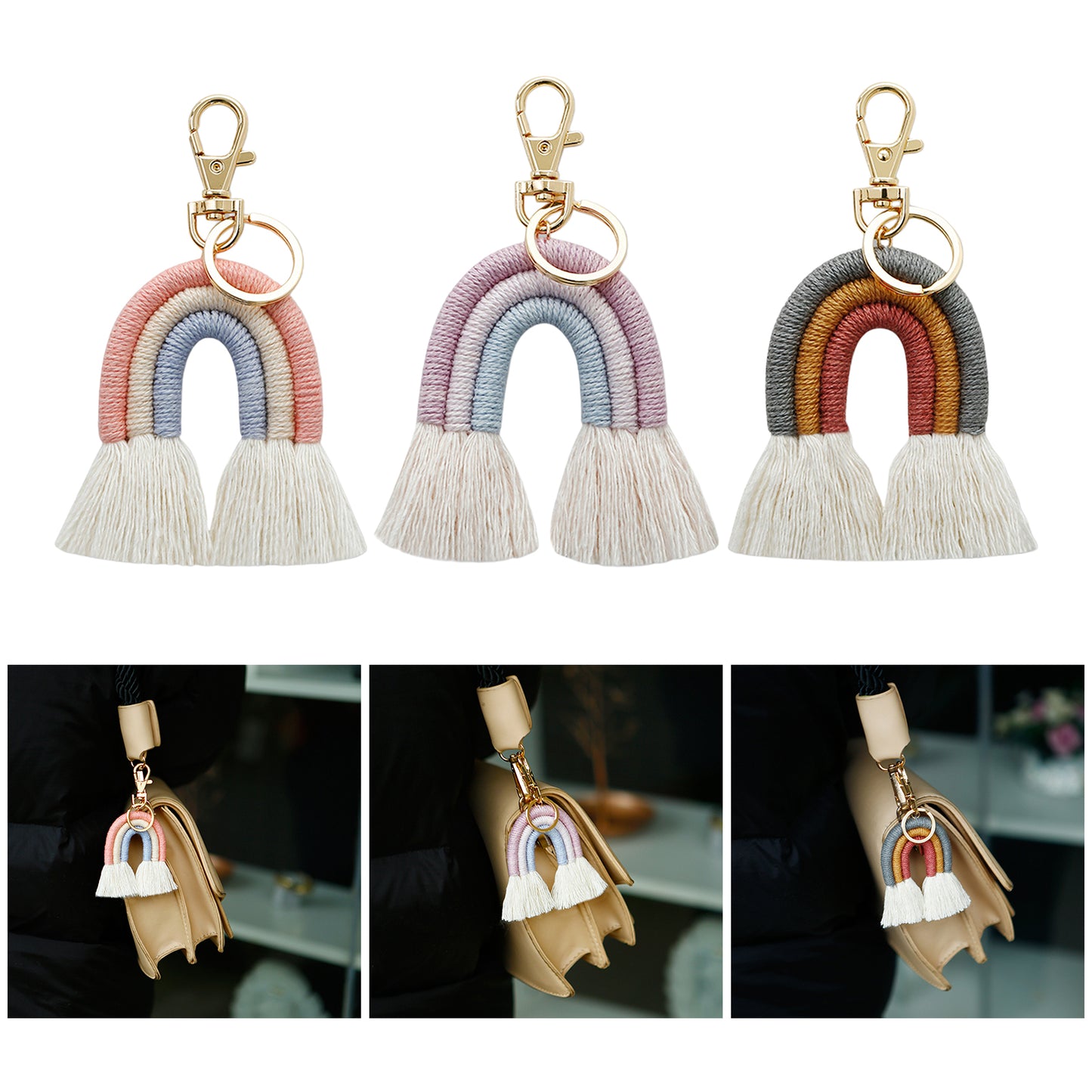 Weaving Rainbow Keychains Tassel Macrame Key Holder Keyring Bag Charm Purple