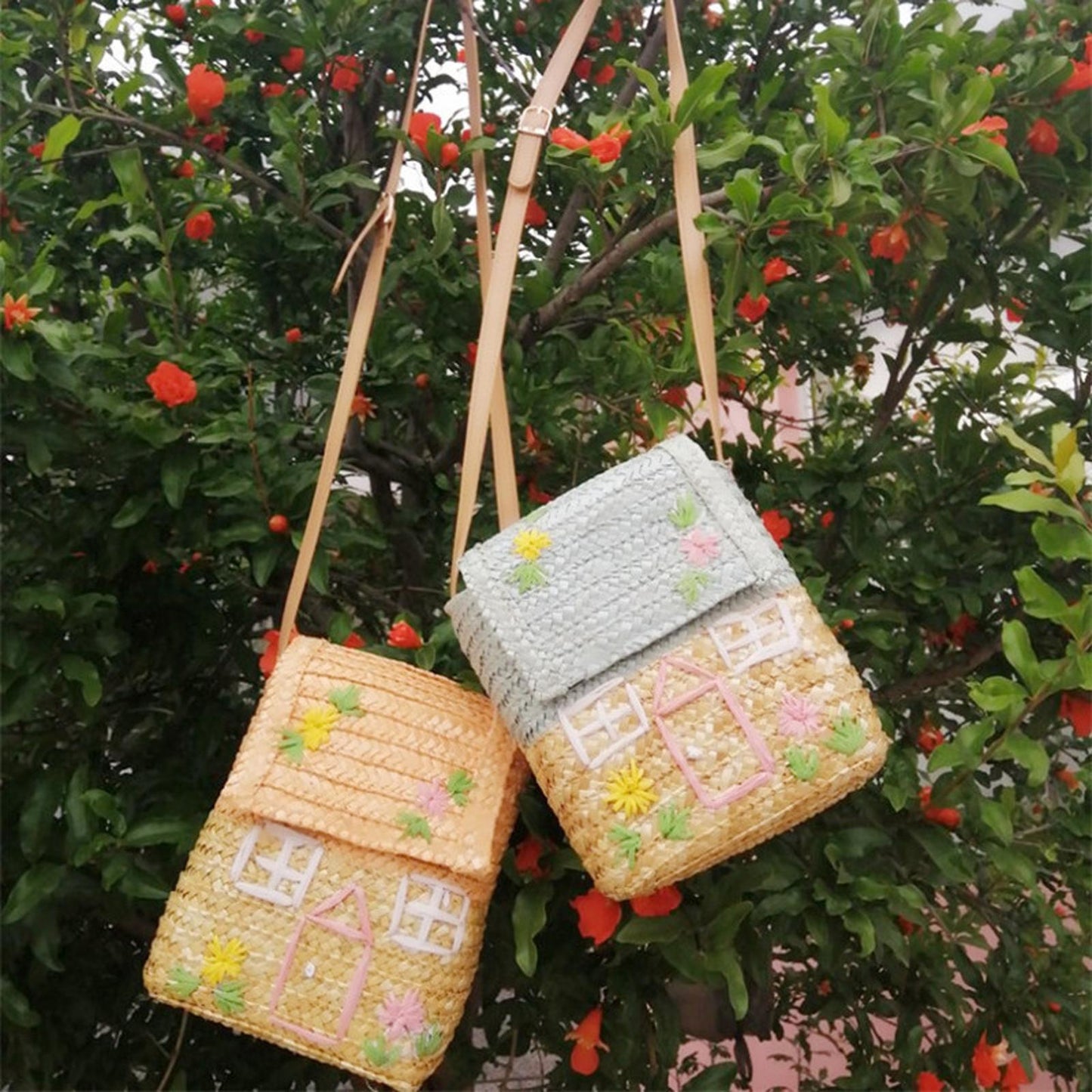 Women Girl Straw Shoulder Bag Summer Tote Holiday Travel Rattan Handbag Pink