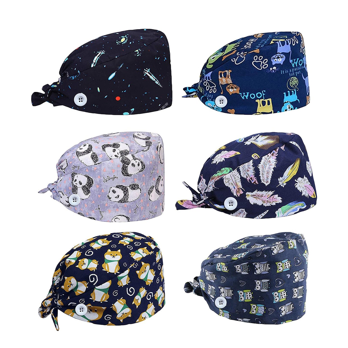 WOMEN SCRUB HAT SWEATBAND CAP BOUFFANT CAPS WITH BUTTONS Star