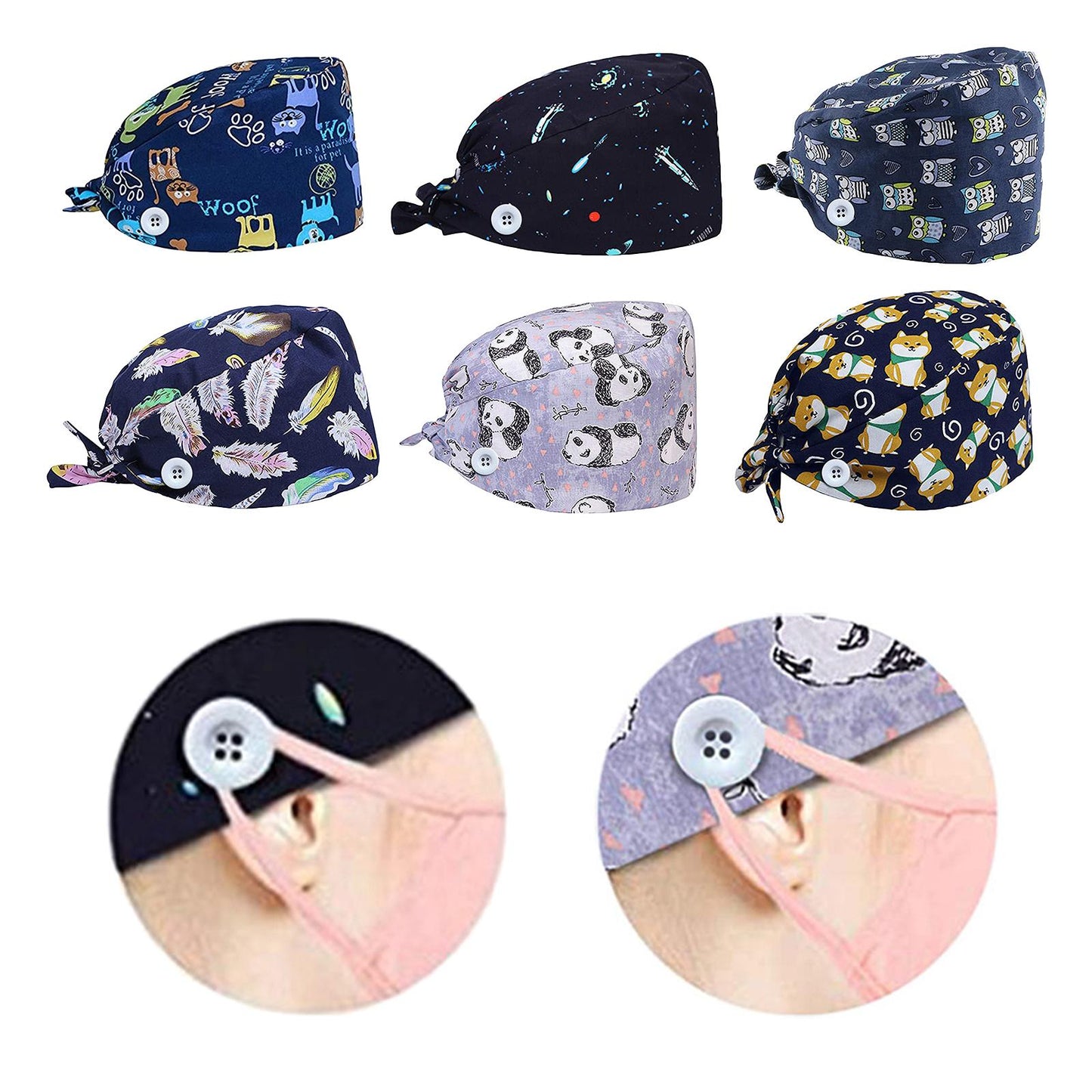 WOMEN SCRUB HAT SWEATBAND CAP BOUFFANT CAPS WITH BUTTONS Star