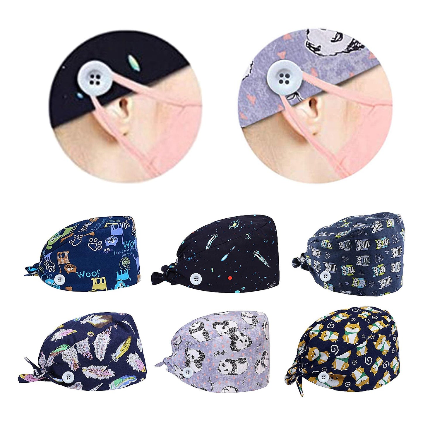 WOMEN SCRUB HAT SWEATBAND CAP BOUFFANT CAPS WITH BUTTONS Star