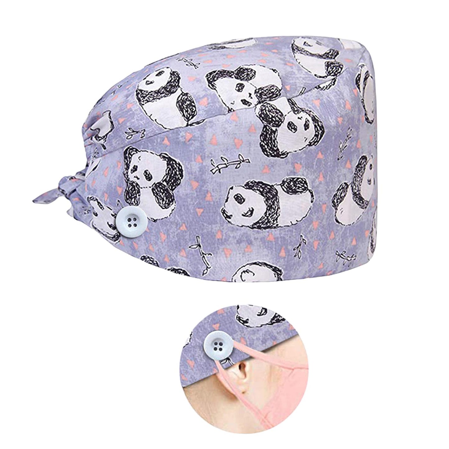 WOMEN SCRUB HAT SWEATBAND CAP BOUFFANT CAPS WITH BUTTONS Panda