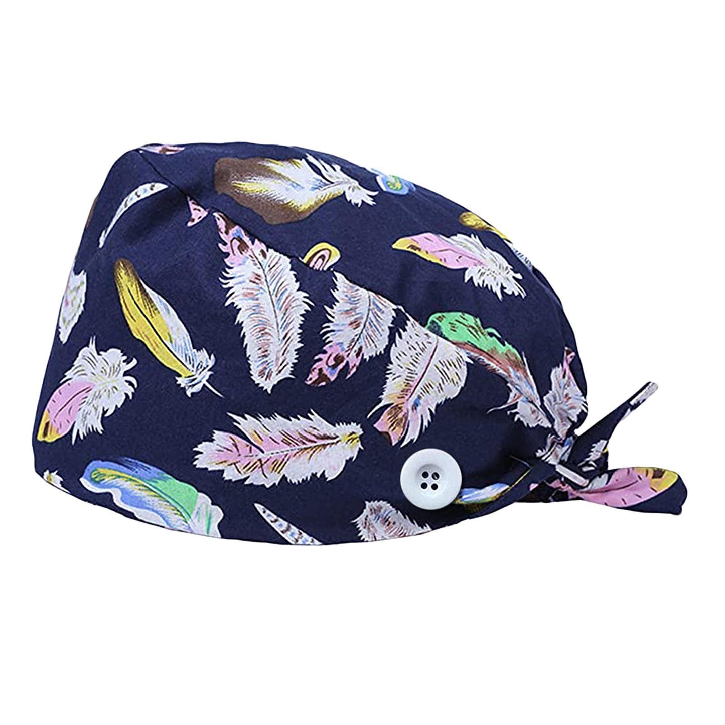 WOMEN SCRUB HAT SWEATBAND CAP BOUFFANT CAPS WITH BUTTONS Feather