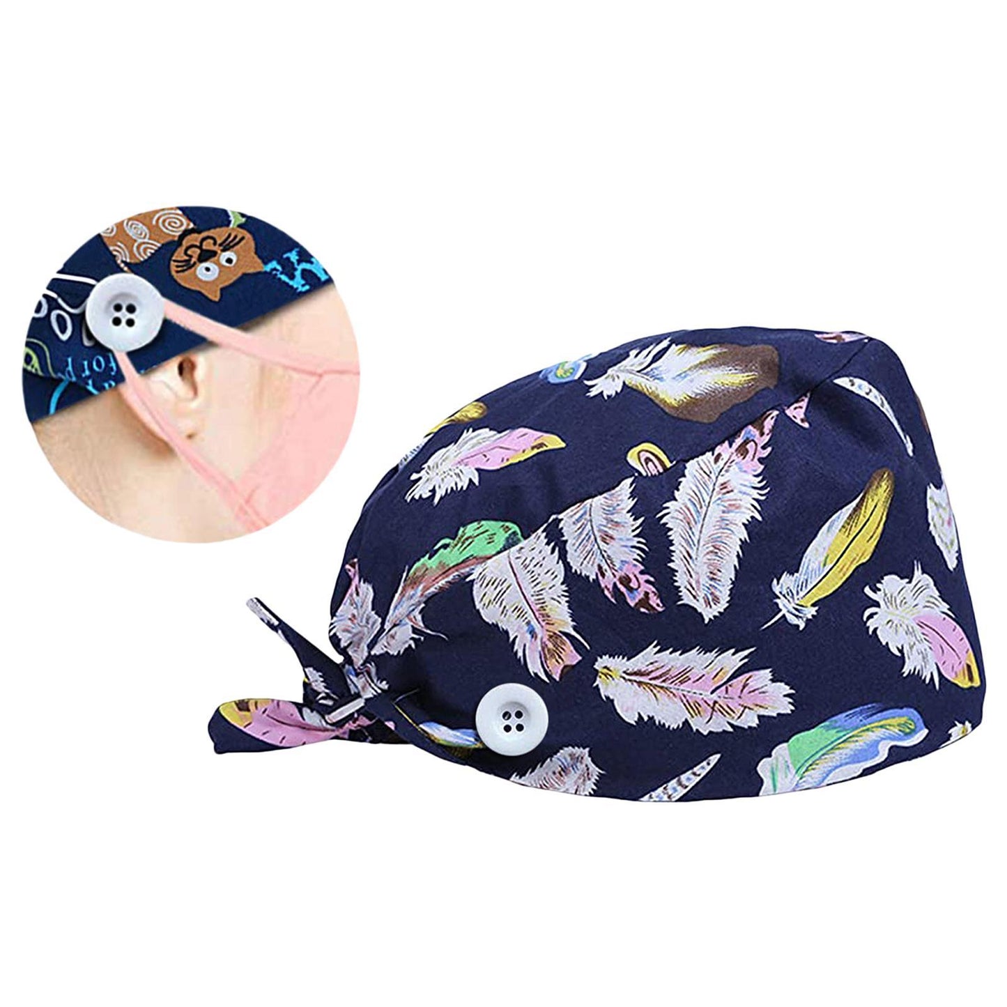 WOMEN SCRUB HAT SWEATBAND CAP BOUFFANT CAPS WITH BUTTONS Feather