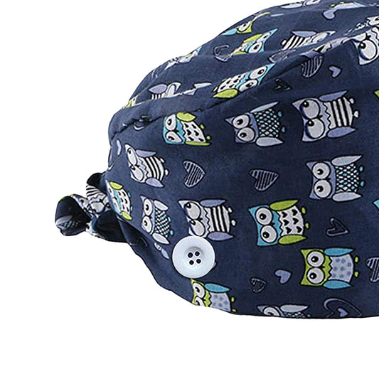 WOMEN SCRUB HAT SWEATBAND CAP BOUFFANT CAPS WITH BUTTONS Owl