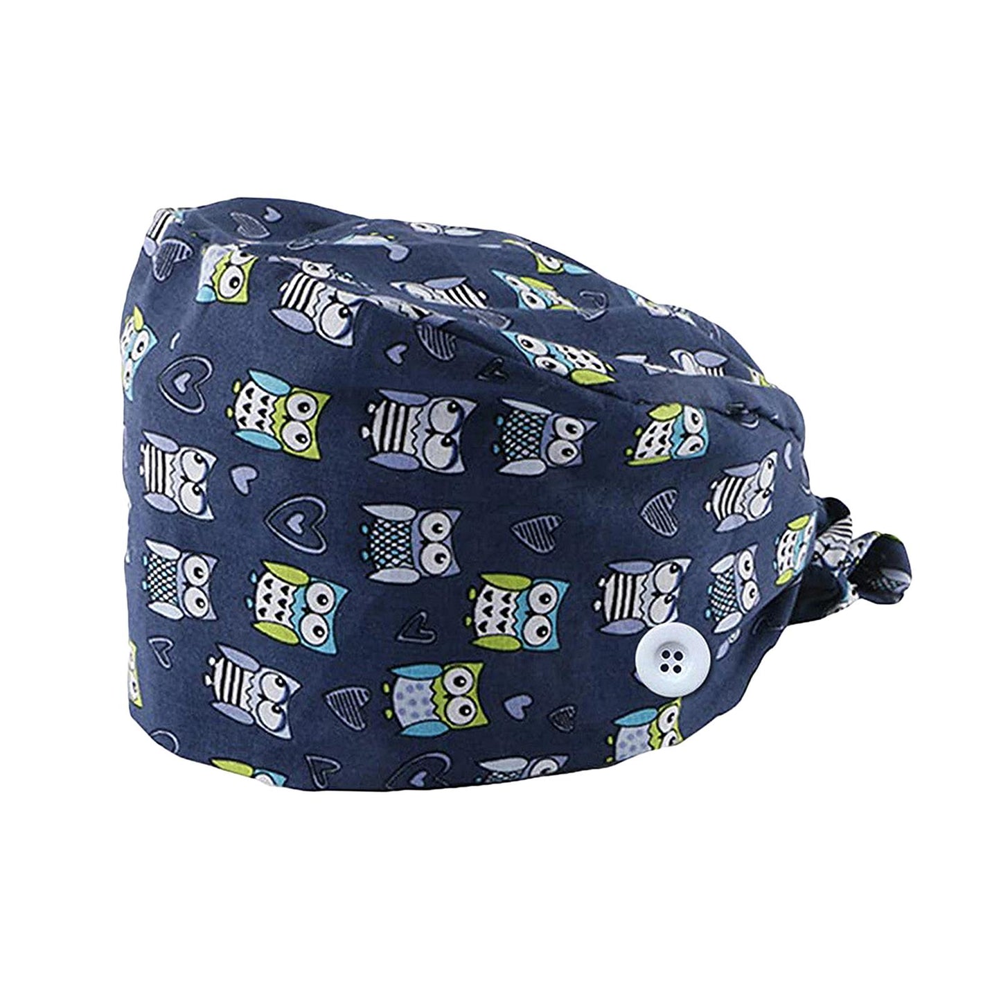 WOMEN SCRUB HAT SWEATBAND CAP BOUFFANT CAPS WITH BUTTONS Owl