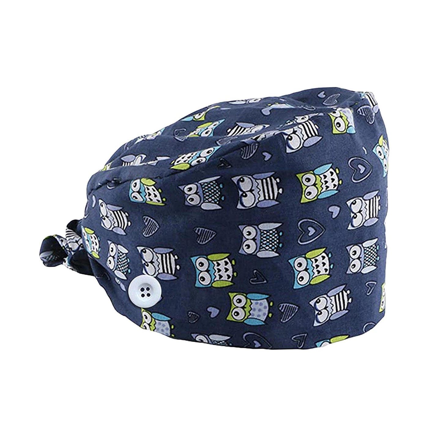 WOMEN SCRUB HAT SWEATBAND CAP BOUFFANT CAPS WITH BUTTONS Owl