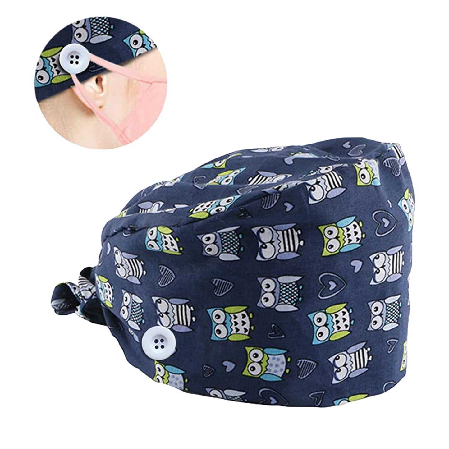 WOMEN SCRUB HAT SWEATBAND CAP BOUFFANT CAPS WITH BUTTONS Owl