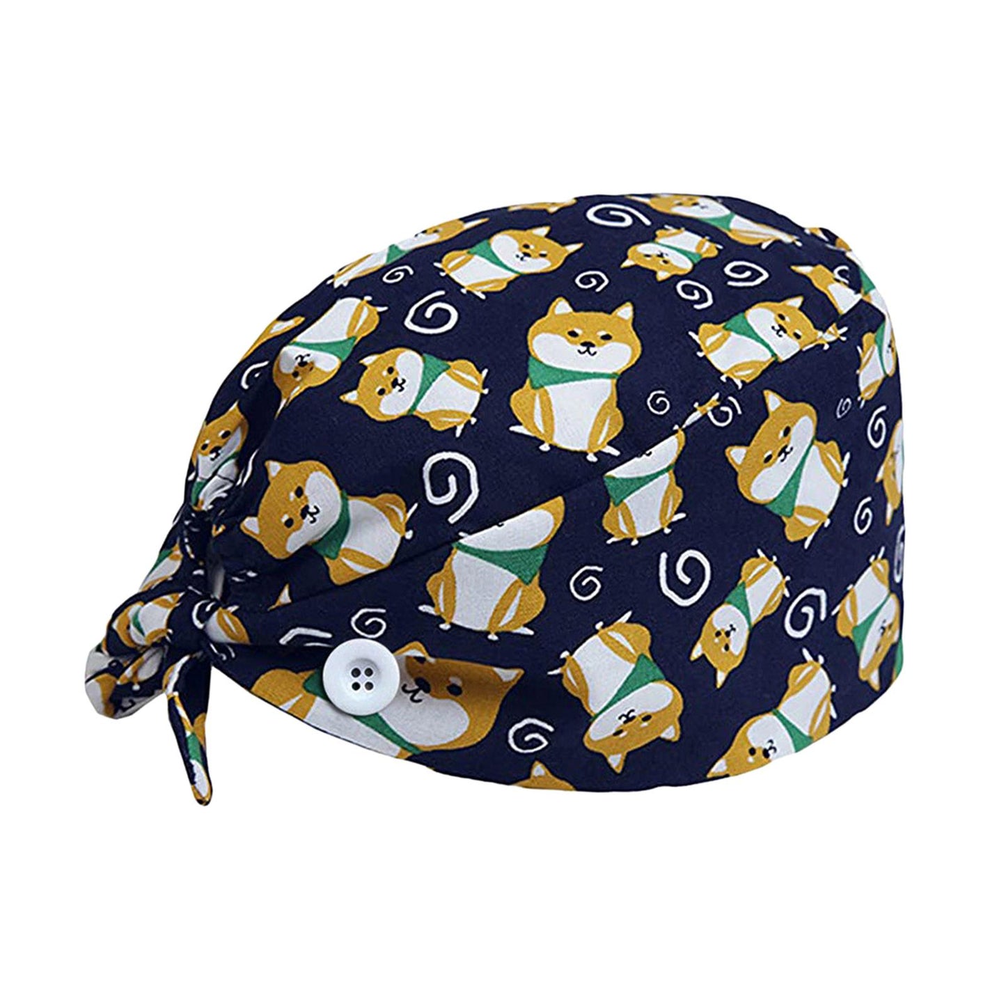 WOMEN SCRUB HAT SWEATBAND CAP BOUFFANT CAPS WITH BUTTONS Dog