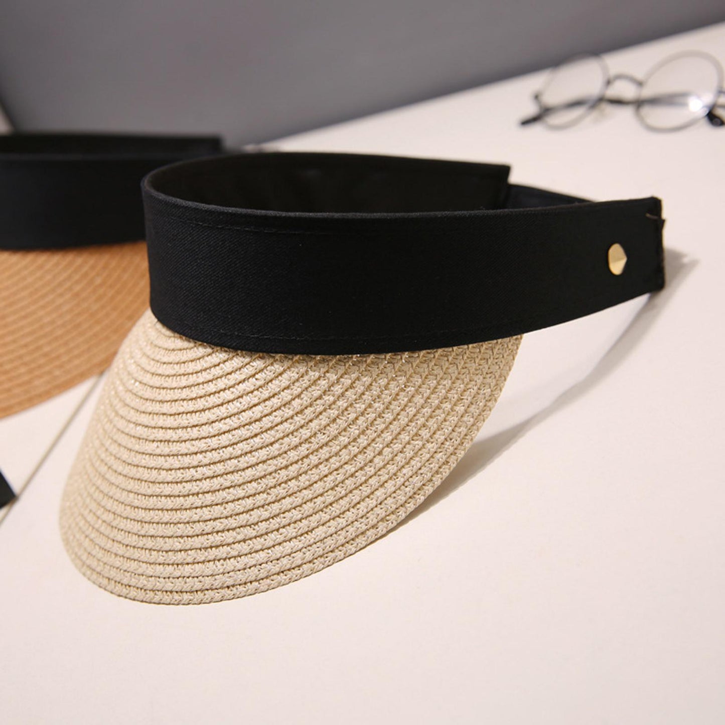 Women Straw Sun Visor Hat Wide Brim Summer UV Protection Beach Cap Beige