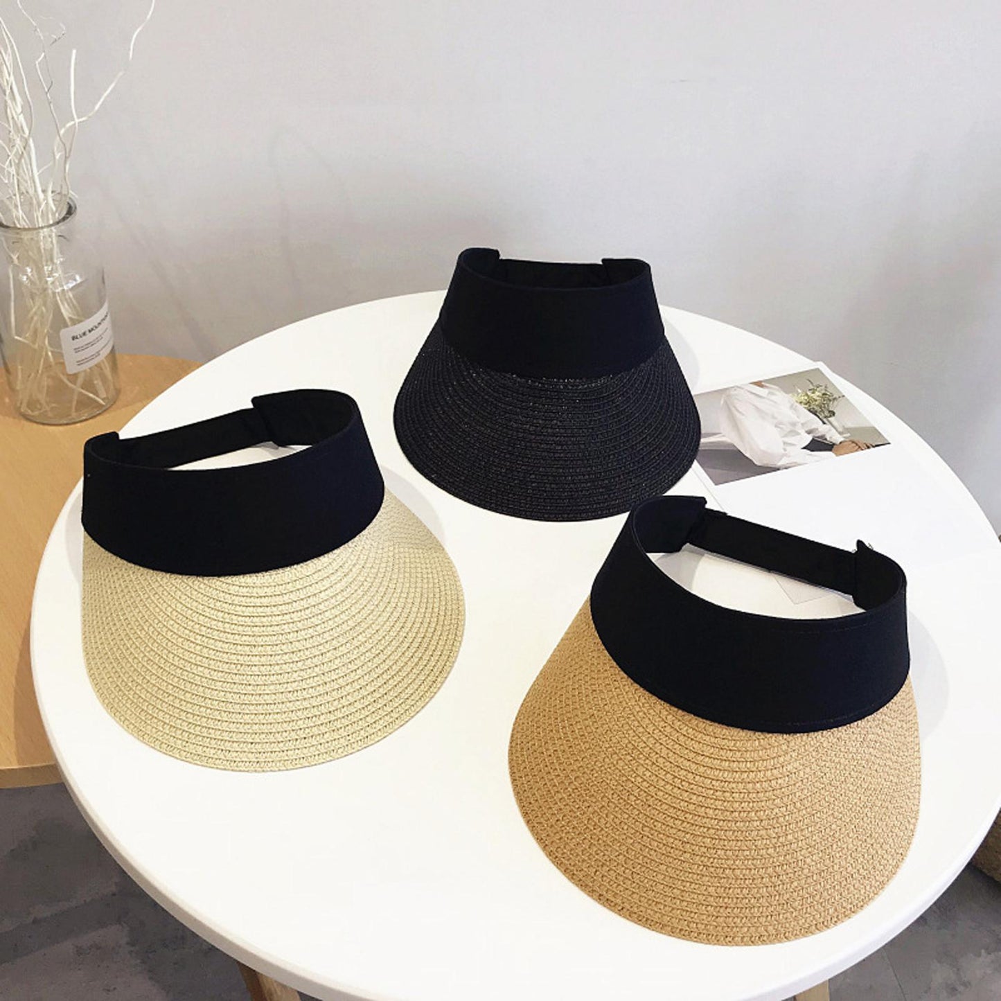 Women Straw Sun Visor Hat Wide Brim Summer UV Protection Beach Cap Beige