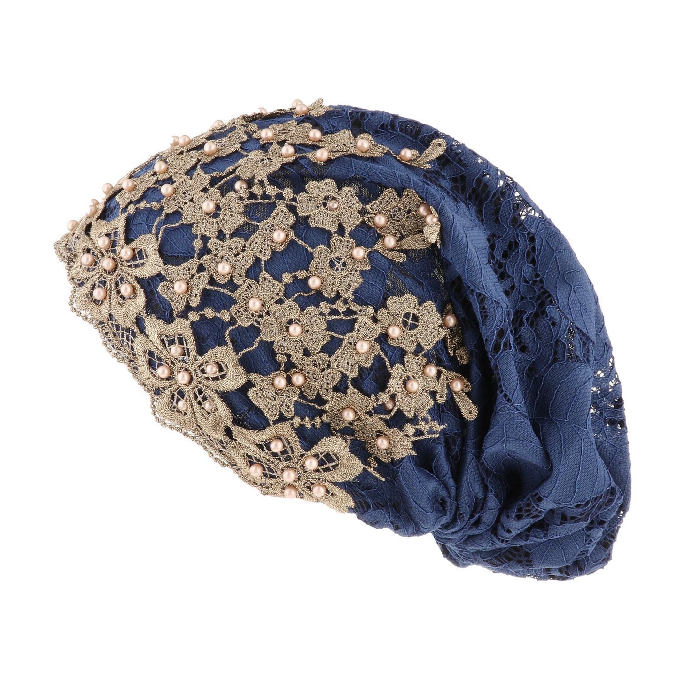 Women Beanie Floral Ladies Cancer Chemo Hat Headwrap Slouchy Cap Dark Blue