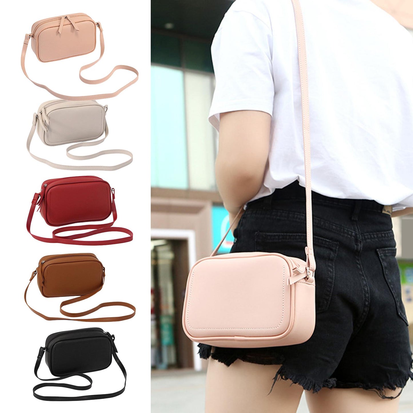 PU Leather Lady Messenger Bag with Long Strap Simple Shopping Shoulder Bag wine red