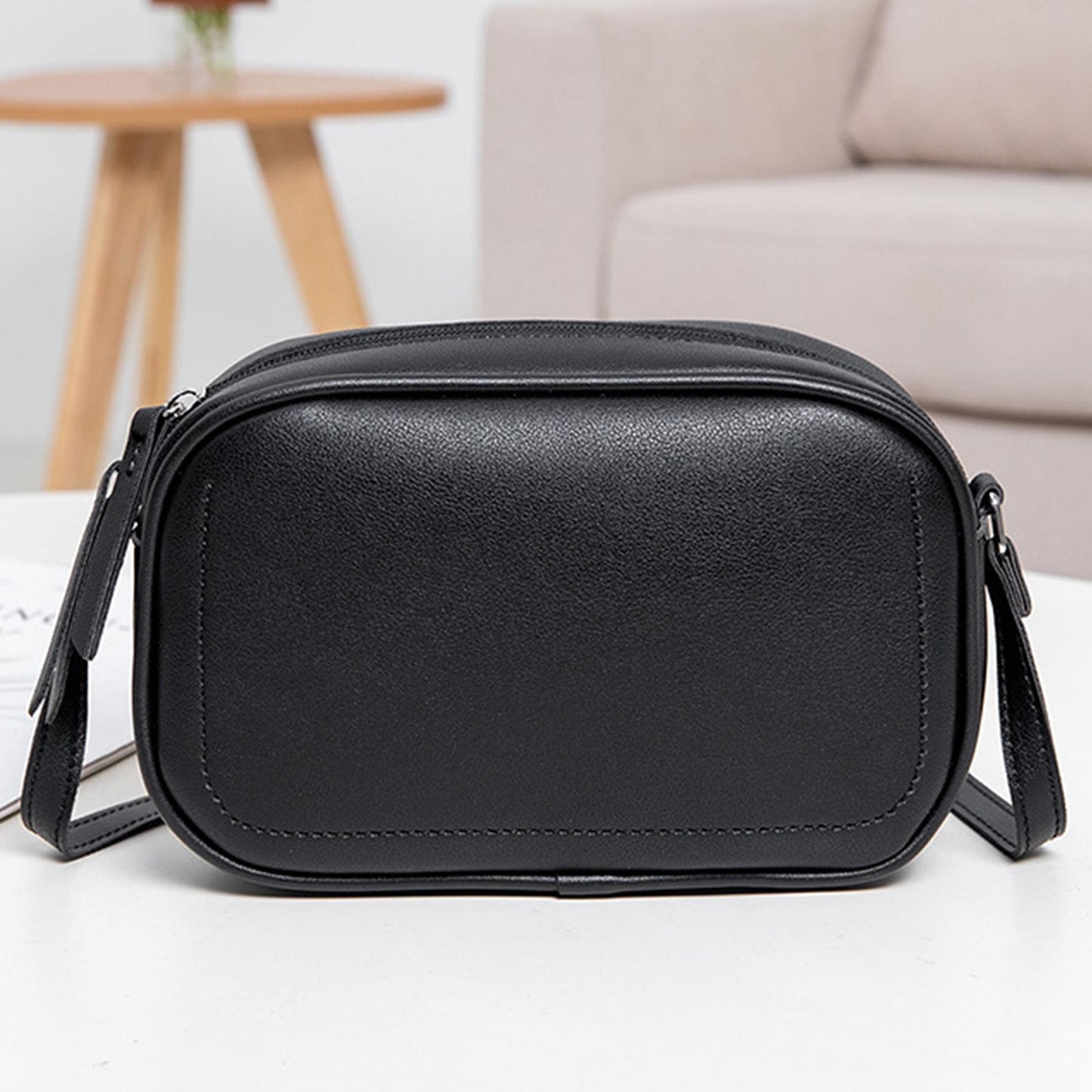 PU Leather Lady Messenger Bag with Long Strap Simple Shopping Shoulder Bag black