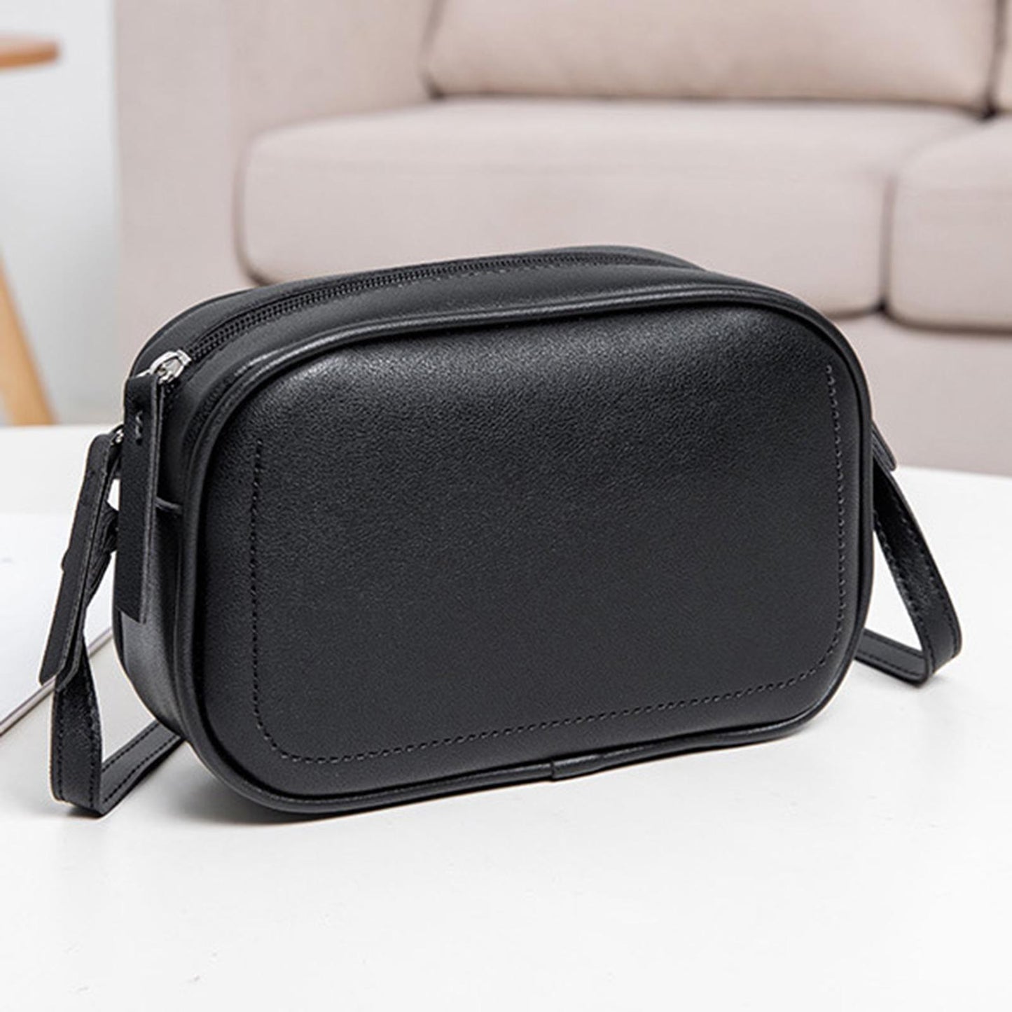 PU Leather Lady Messenger Bag with Long Strap Simple Shopping Shoulder Bag black
