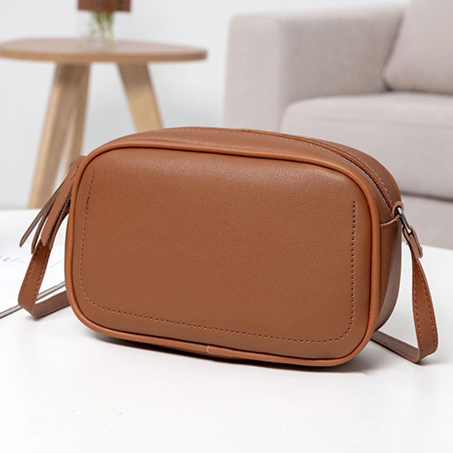 PU Leather Lady Messenger Bag with Long Strap Simple Shopping Shoulder Bag brown