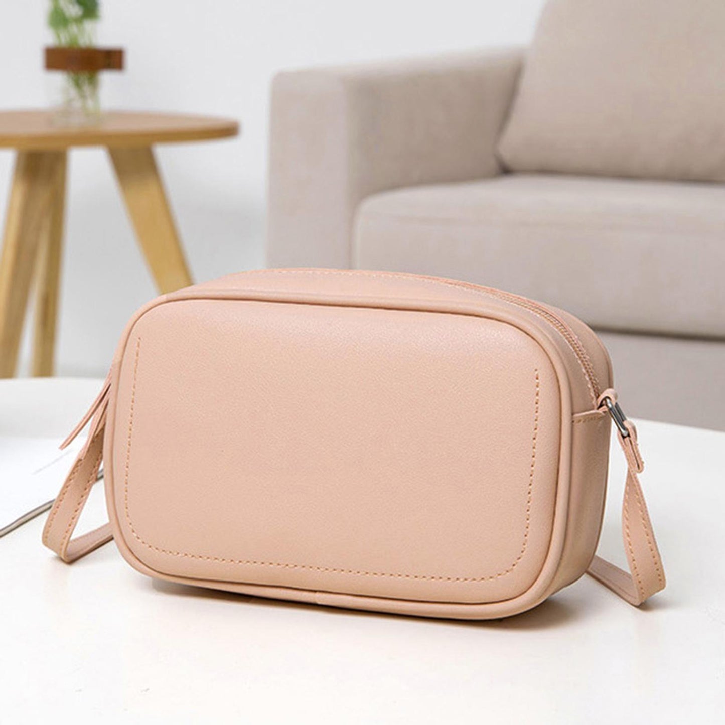 PU Leather Lady Messenger Bag with Long Strap Simple Shopping Shoulder Bag light pink