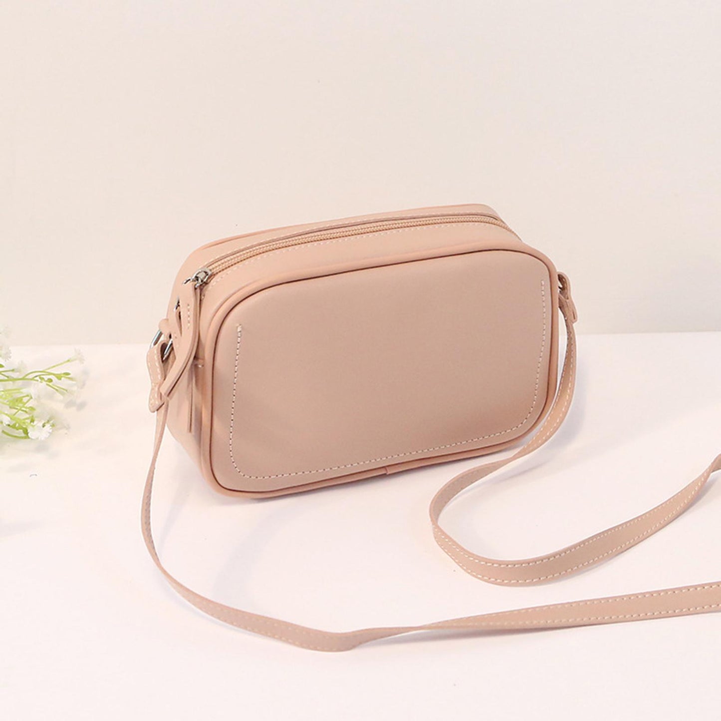 PU Leather Lady Messenger Bag with Long Strap Simple Shopping Shoulder Bag light pink