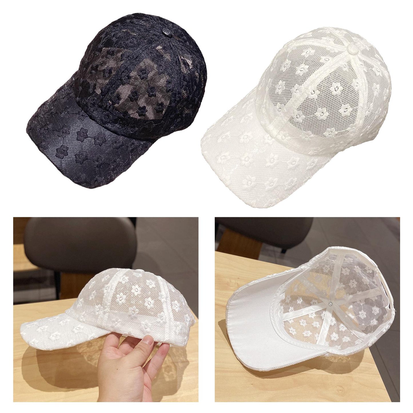 Women Lace Baseball Cap Girls Mesh Snapback Hip Hop Sun Hat Adjustable Black