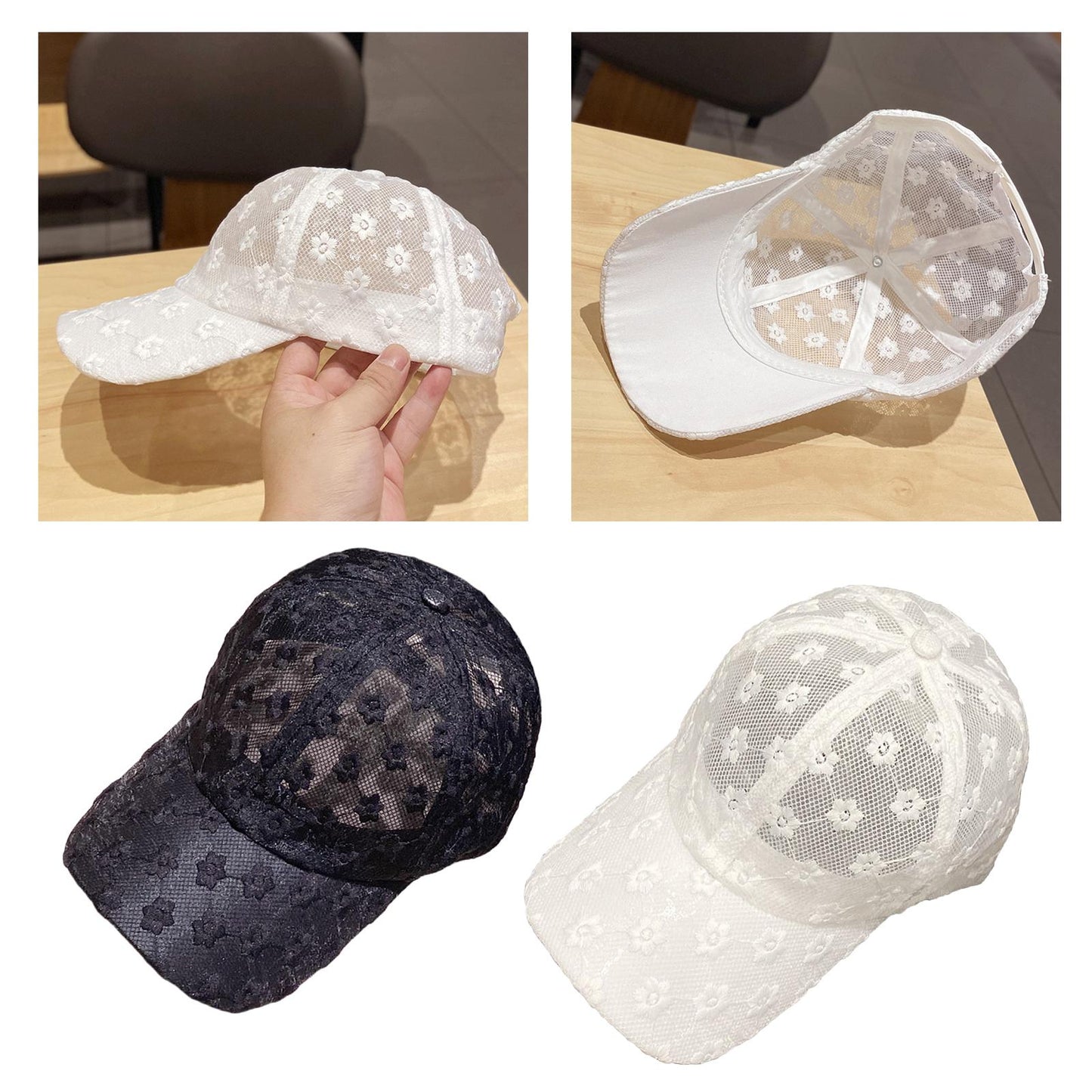 Women Lace Baseball Cap Girls Mesh Snapback Hip Hop Sun Hat Adjustable Black