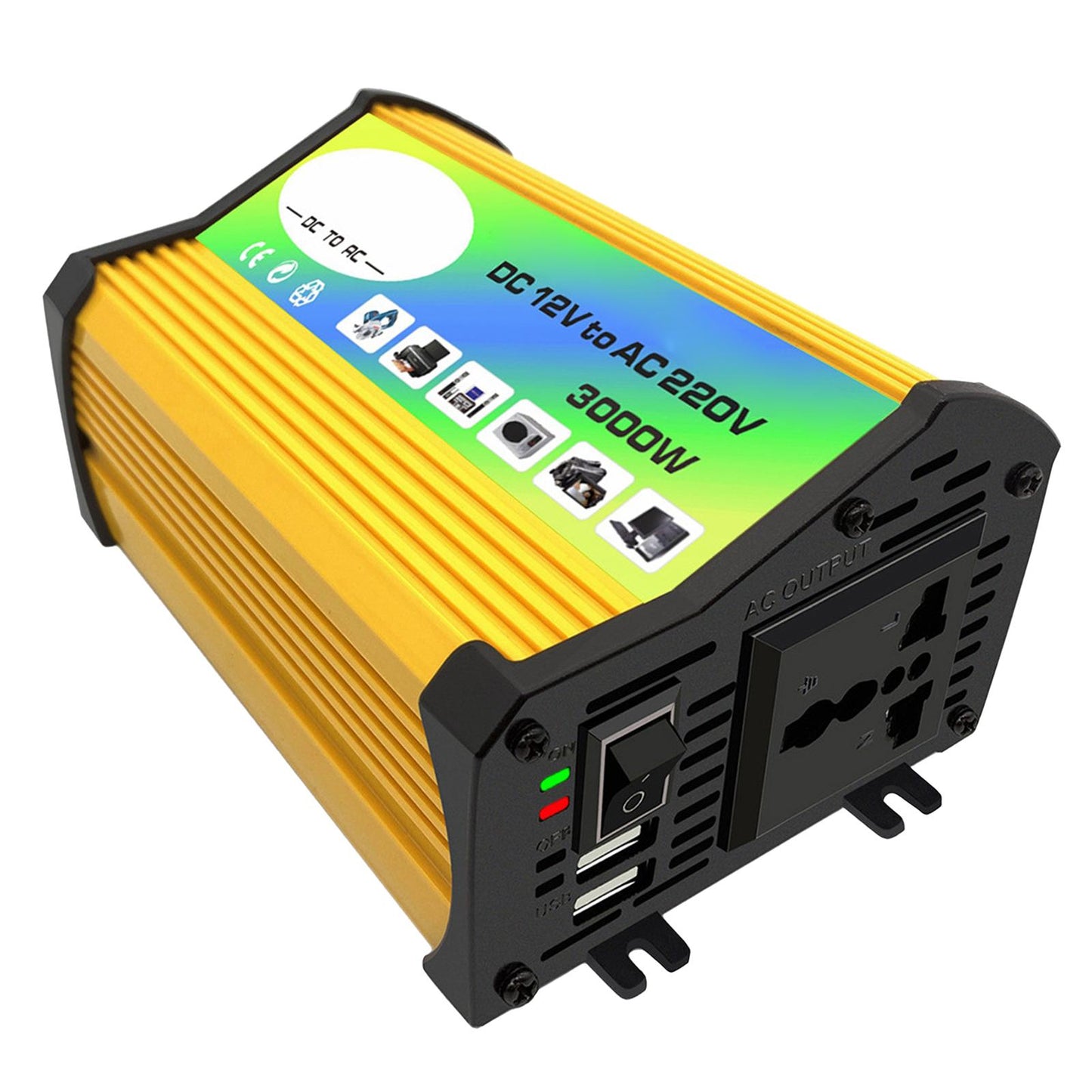 300W DC 12V to AC Inverter with 2 USB Charging Ports for Camping Outdoor Yellow 220V B