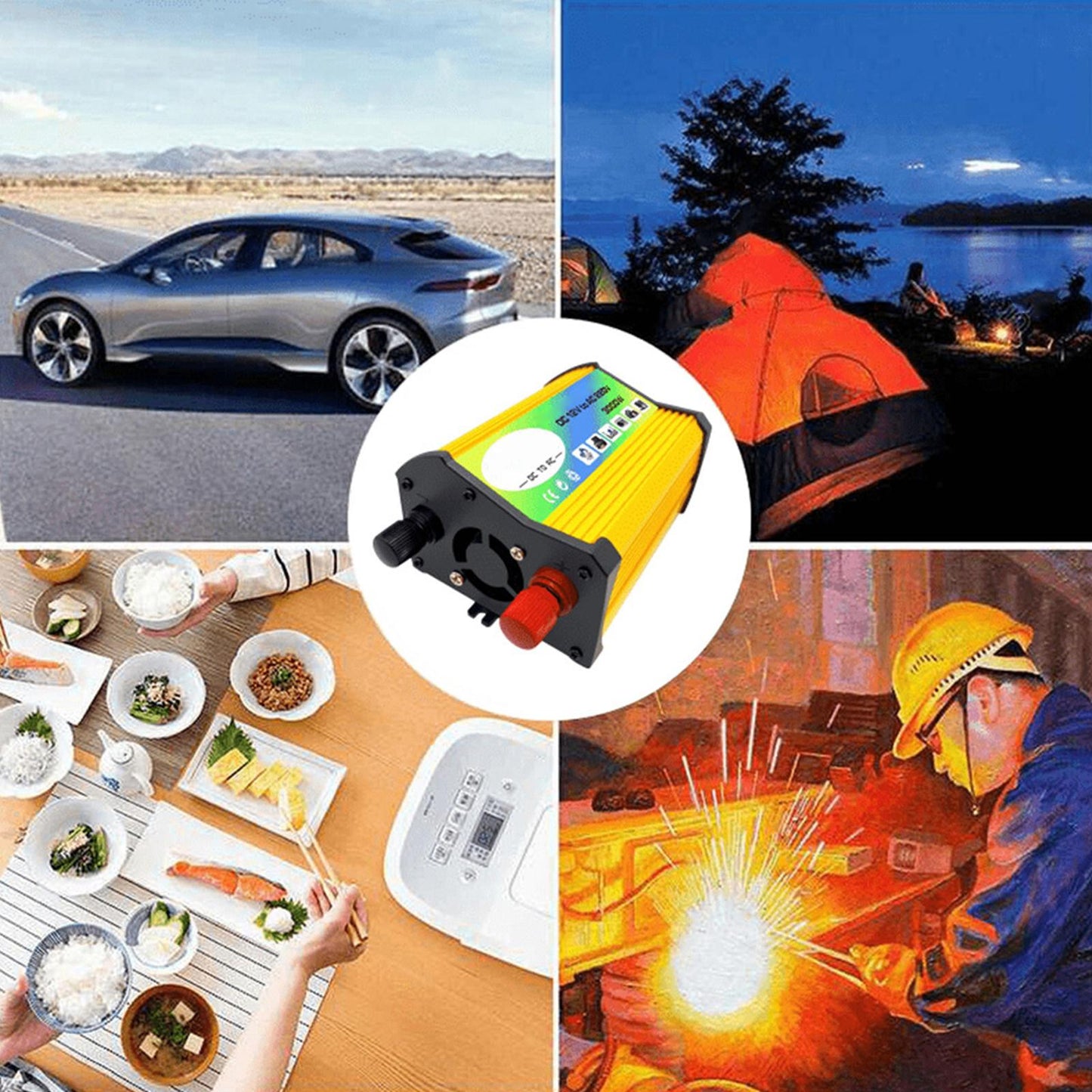 300W DC 12V to AC Inverter with 2 USB Charging Ports for Camping Outdoor Yellow 220V B