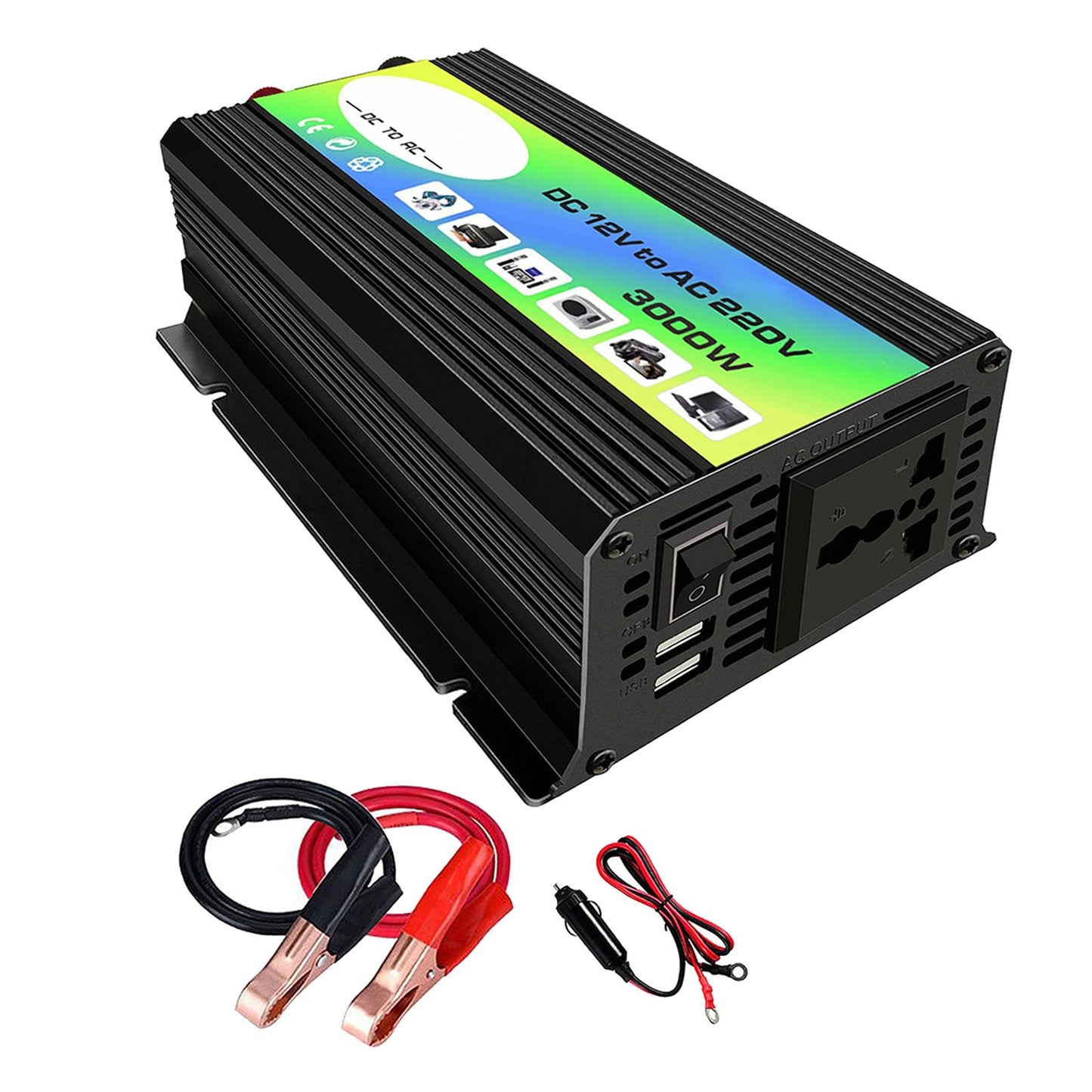 300W DC 12V to AC Inverter with 2 USB Charging Ports for Camping Outdoor Black 110V C