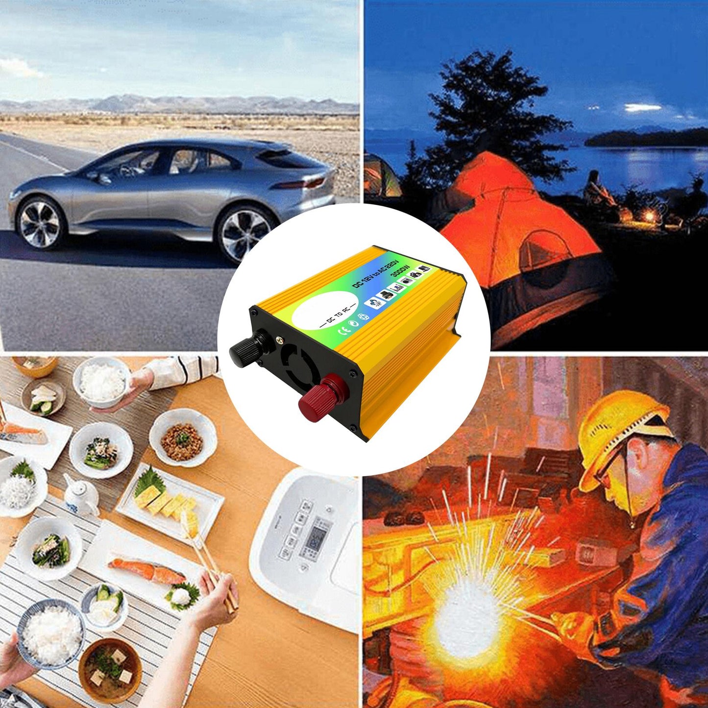 300W DC 12V to AC Inverter with 2 USB Charging Ports for Camping Outdoor Yellow 220V D