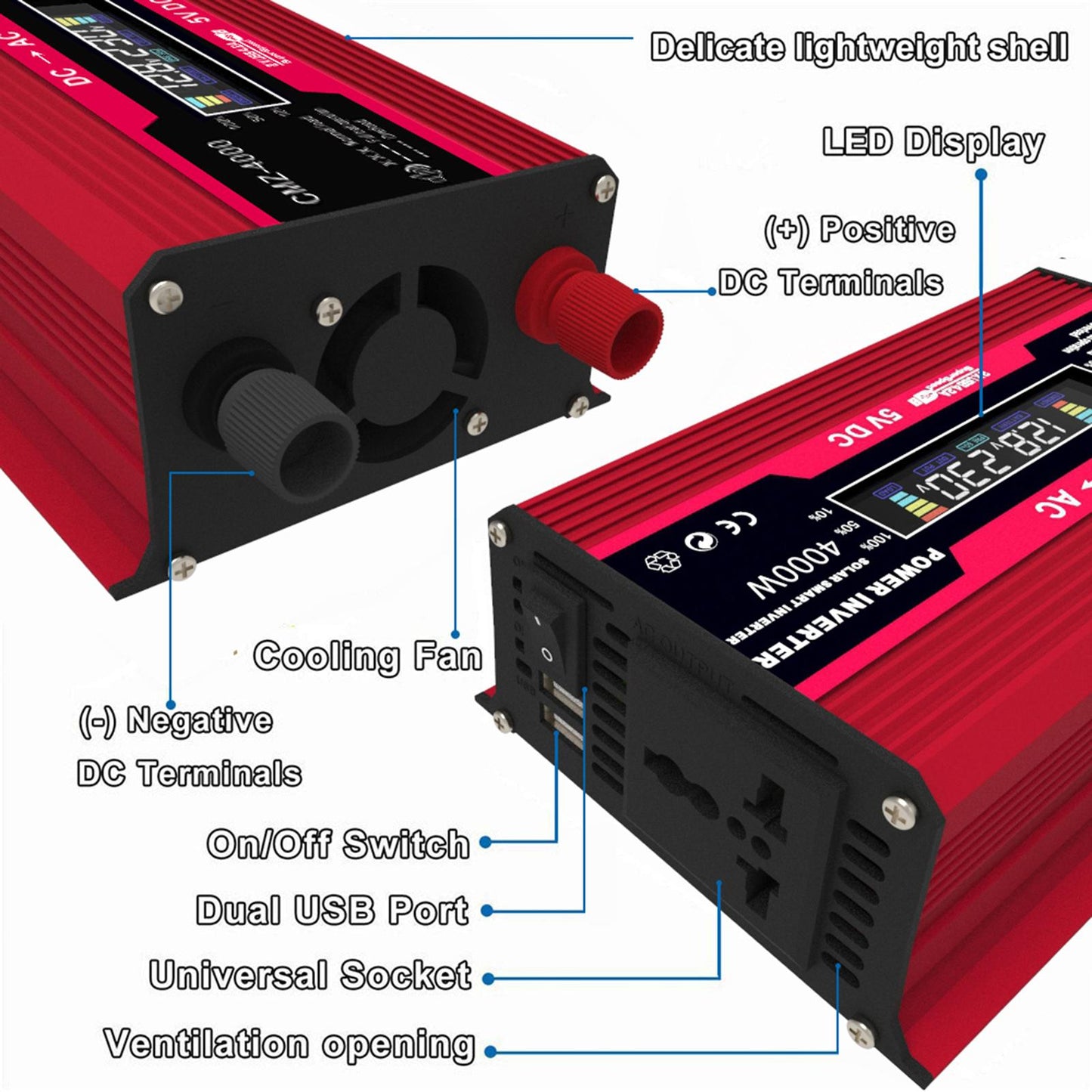 DC 12V to AC Power Inverter Car Adapter for Outdoor Power Supply Red 220V