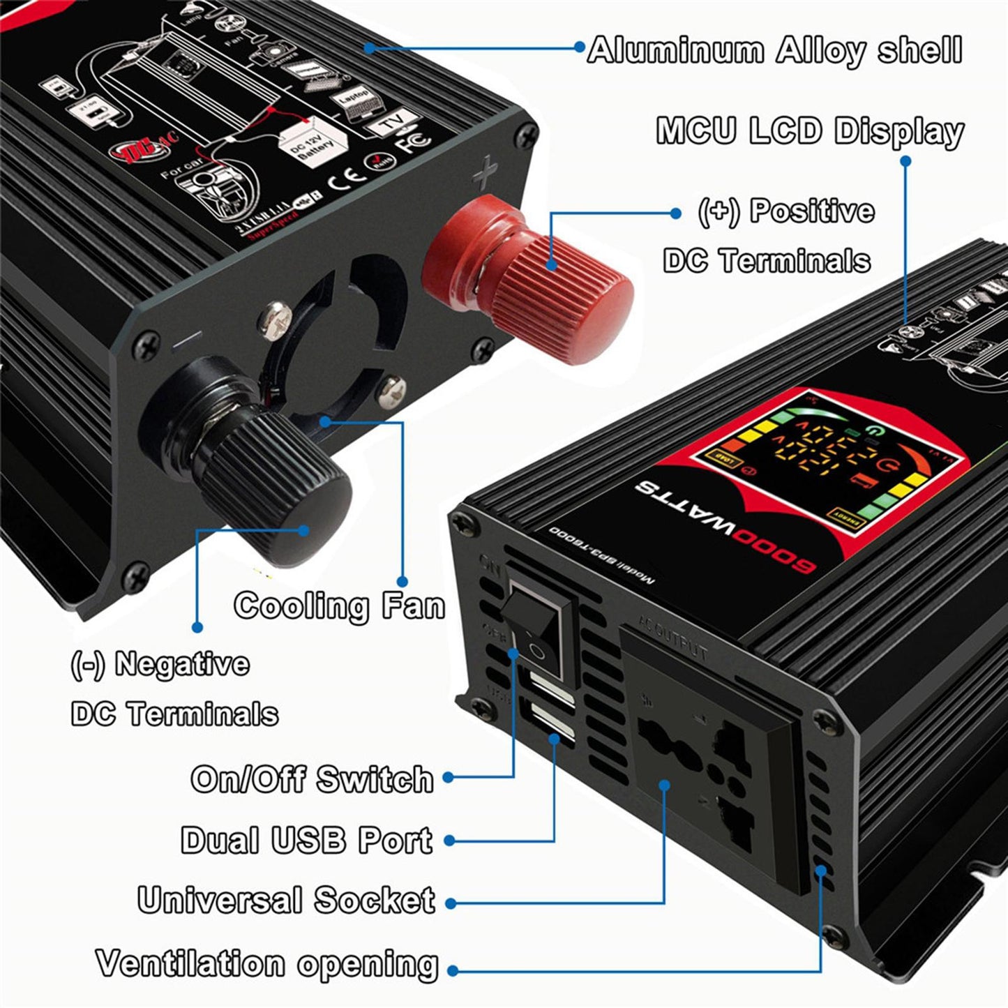 DC 12V to AC 110V/220V Power Inverter Charger Power Supply Black 220V A