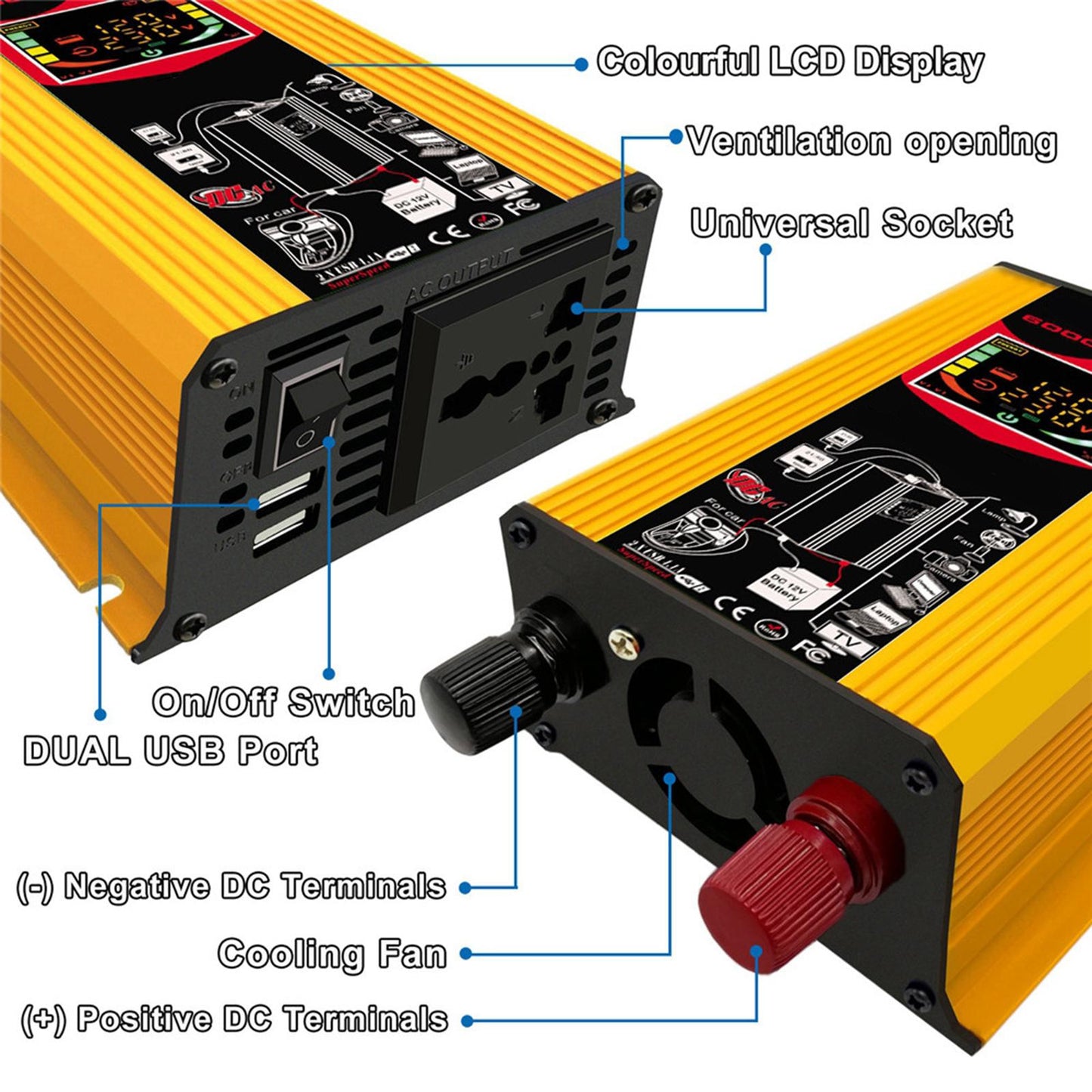 DC 12V to AC 110V/220V Power Inverter Charger Power Supply Yellow 220V A