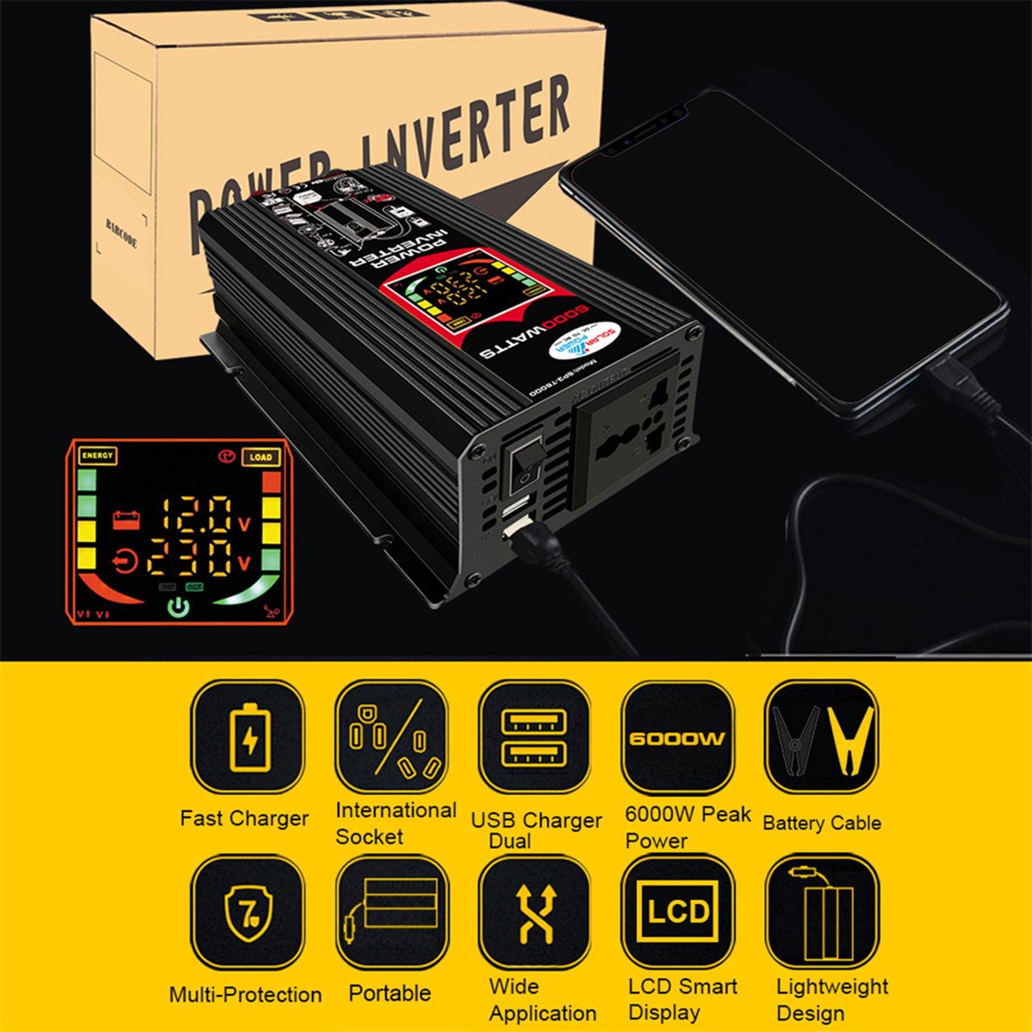 DC 12V to AC 110V/220V Power Inverter Charger Power Supply Black 220V B