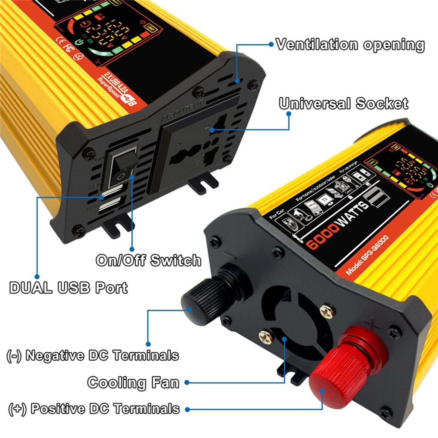 DC 12V to AC 110V/220V Power Inverter Charger Power Supply Yellow 110V D