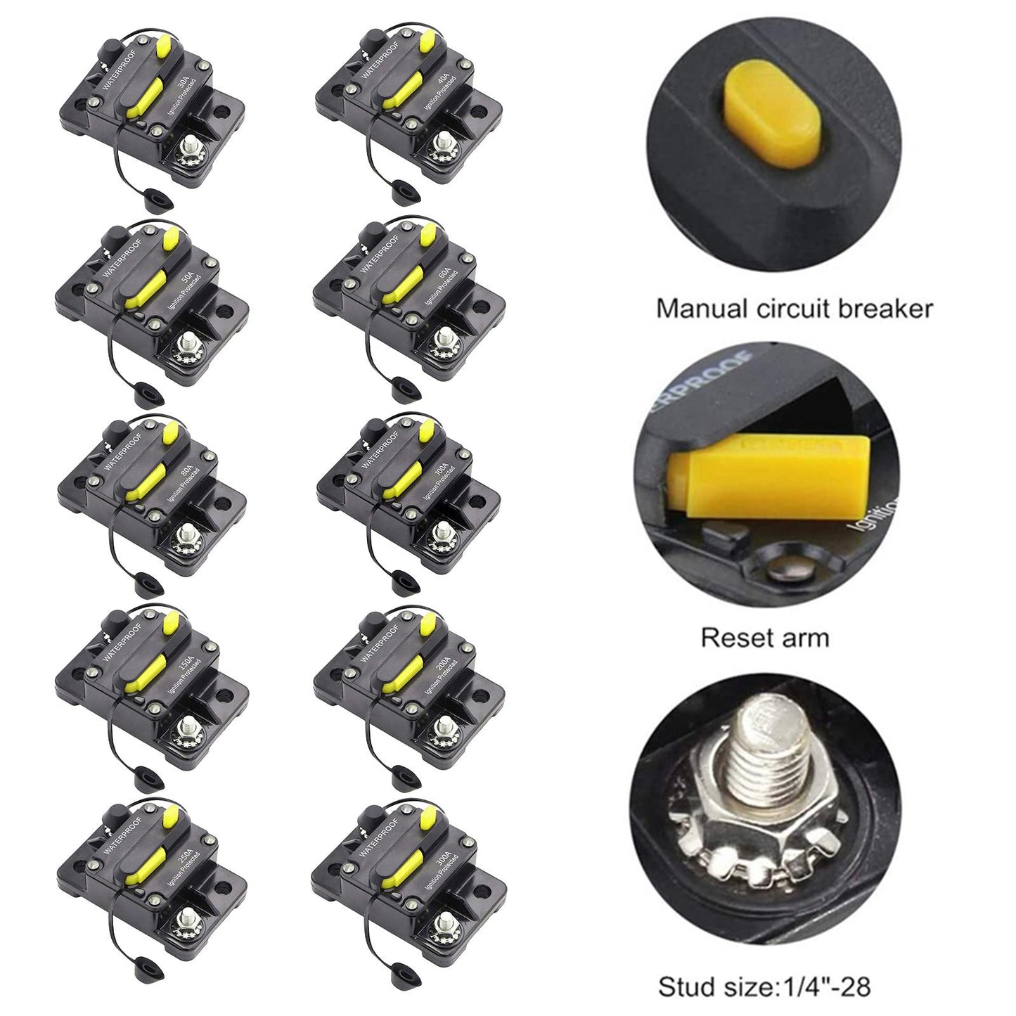 30-300 AMP Circuit Breaker IP67 Waterproof 12V-48V Manual Reset Fuse 30A