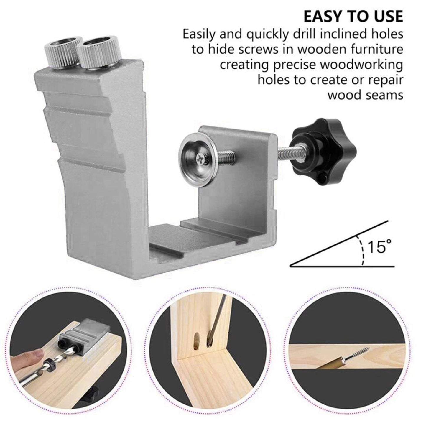 Pocket Hole Jig Kit Oblique Drill Joinery Screw Kit Tool Locator Silver