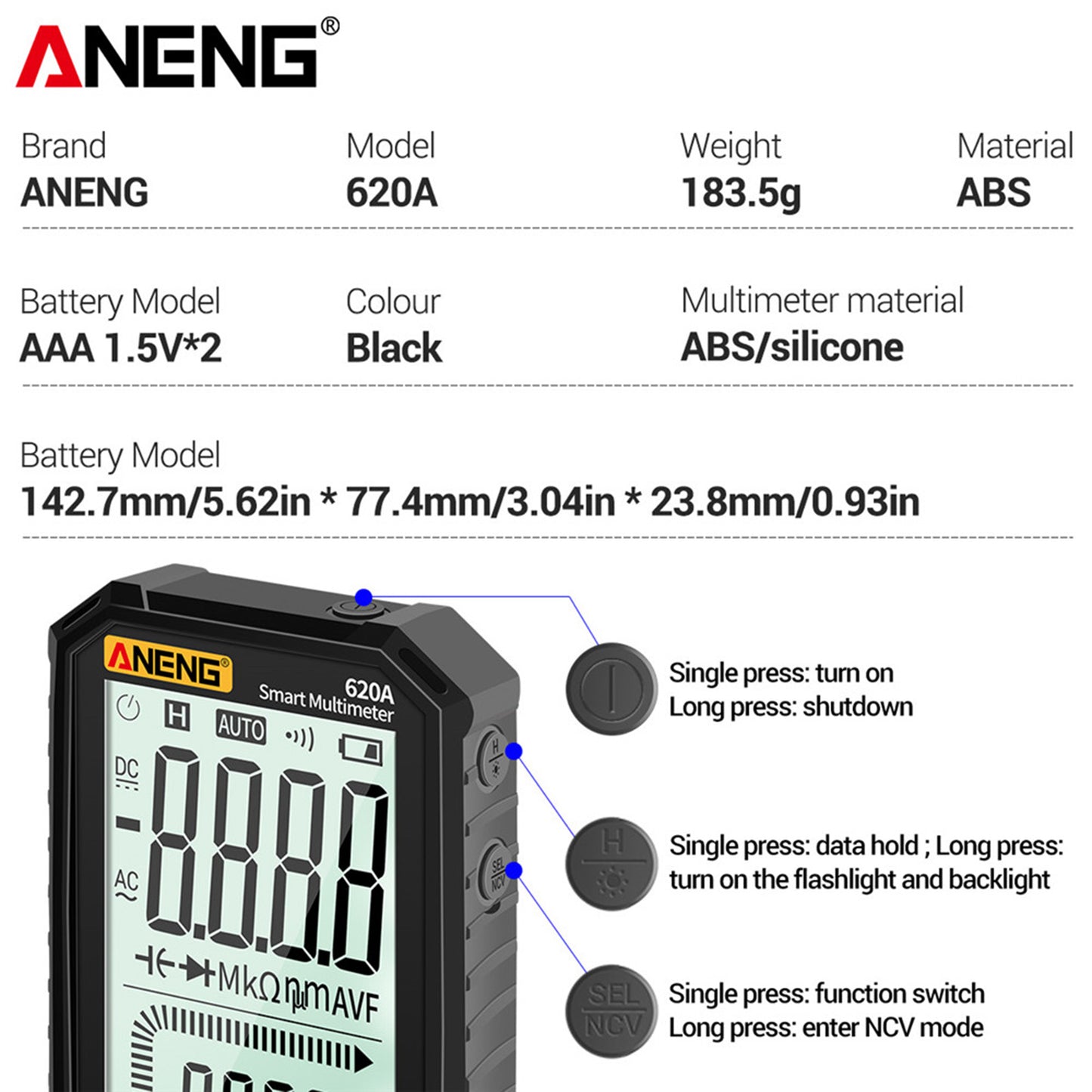Digital Multimeter Transistor Testers Multi Meter 6000 Counts Black