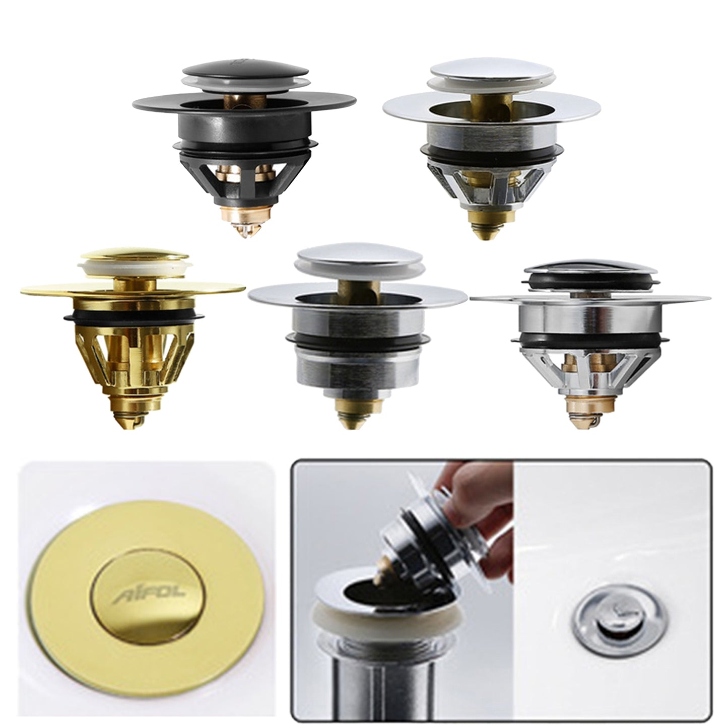 Universal Wash Basin Bounce Drain Filter Vanity Sink Bathtub Plug Bathroom 37 to 40mm Black