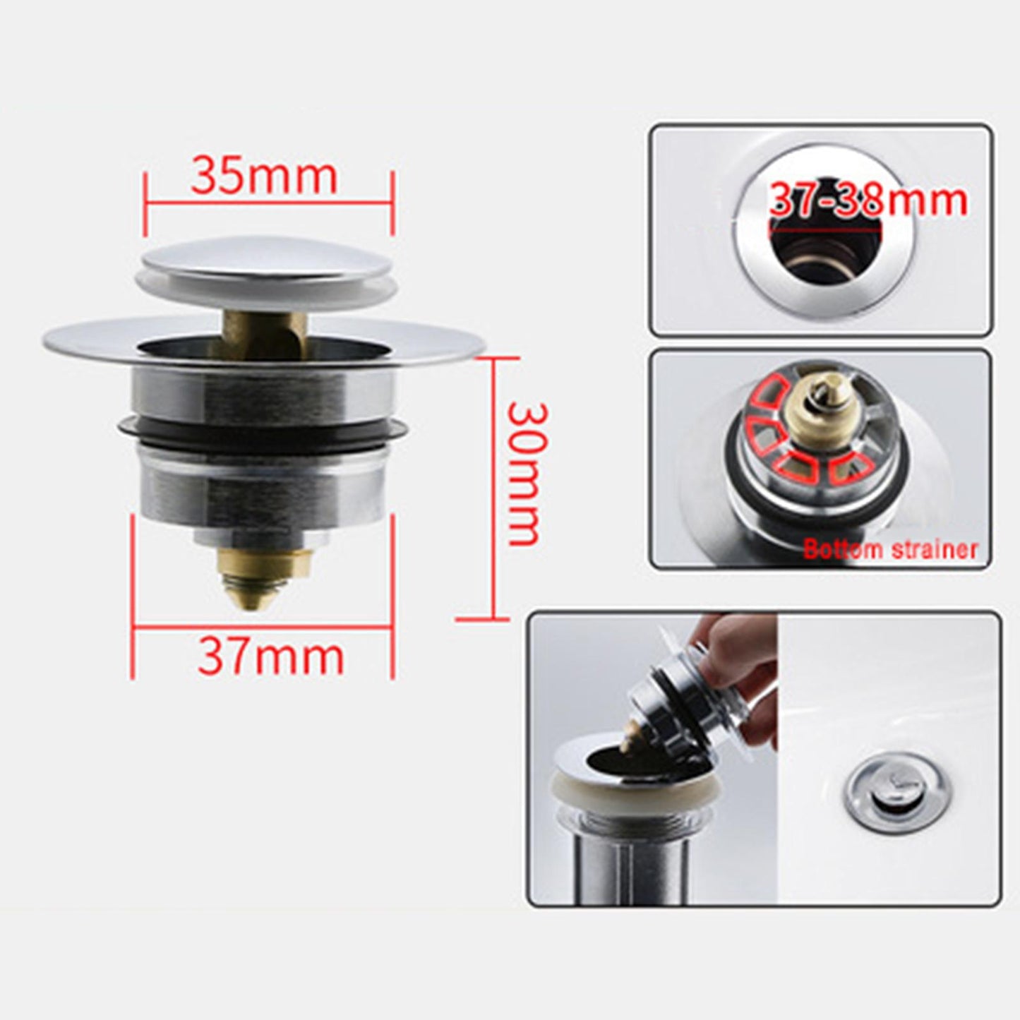 Universal Wash Basin Bounce Drain Filter Vanity Sink Bathtub Plug Bathroom 37 to 40mm Silver 2
