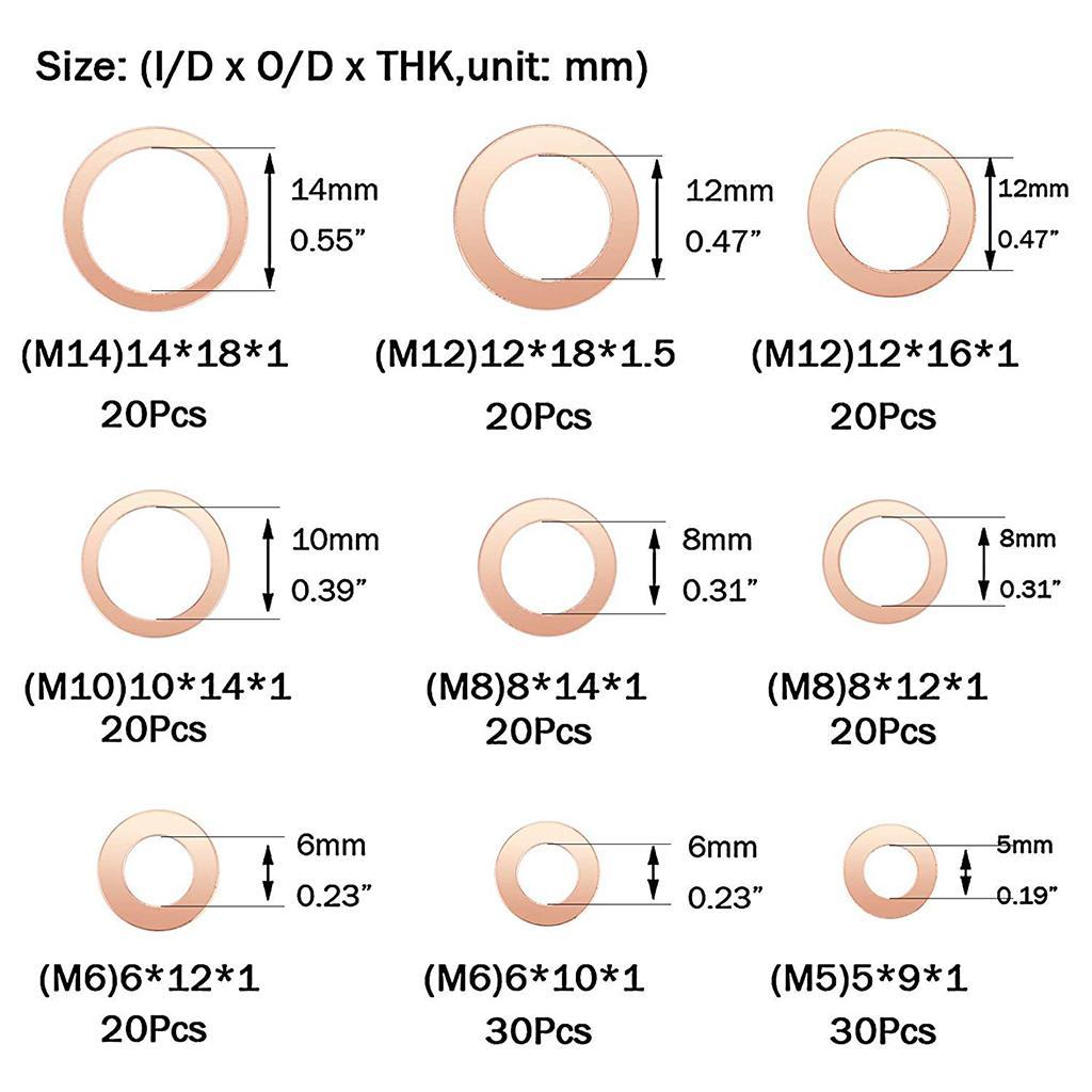 200 Pieces Copper Sealing Rings 9Sizes Flat Sealing Ring Assortment Kit