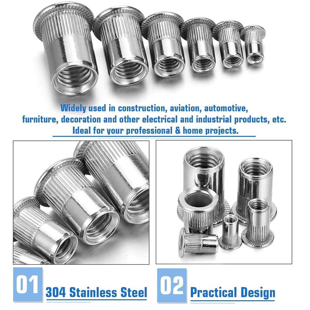 205xStainless Steel Rivet Nut Tool Flat Head Thread Rivet Nutsert Assort Nut