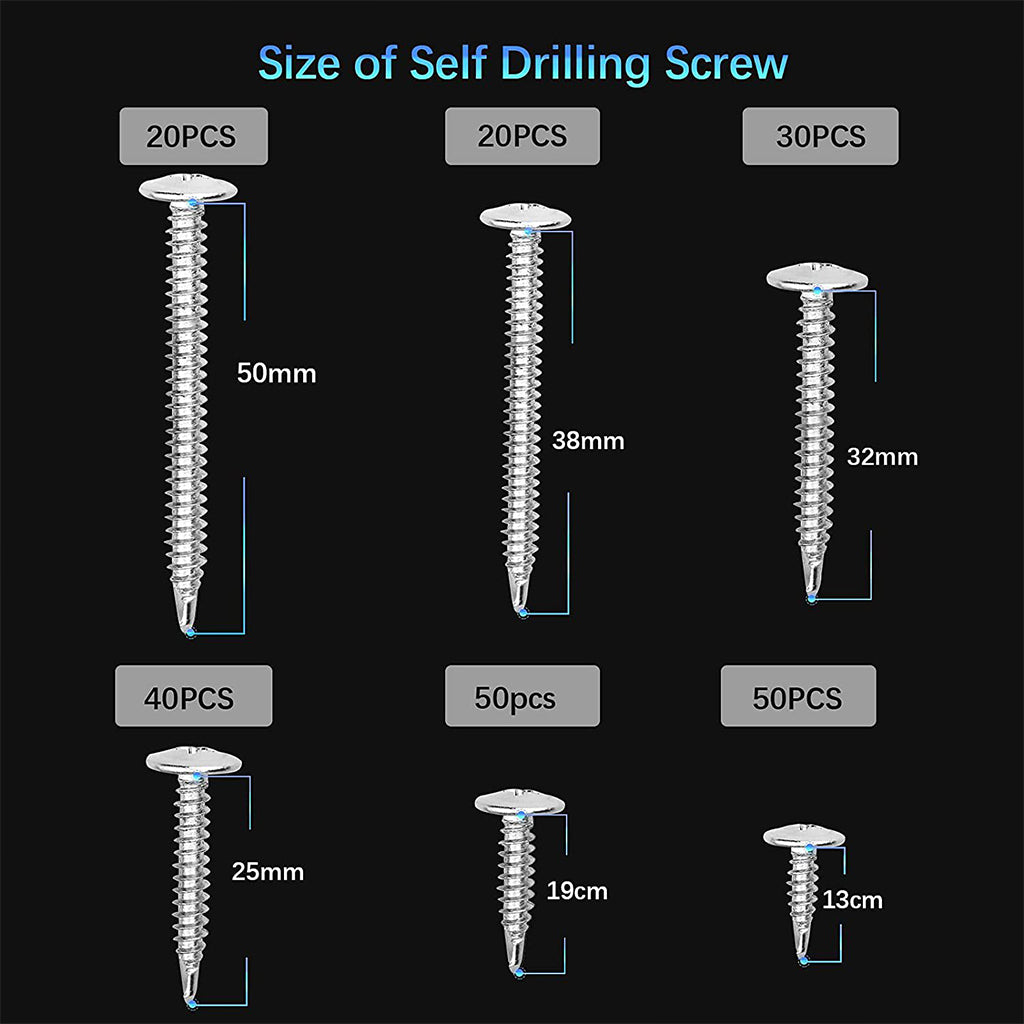 210x Self-Drilling Screws Kit 6 Sizes Cross Head Studs for Metal Repair Accs