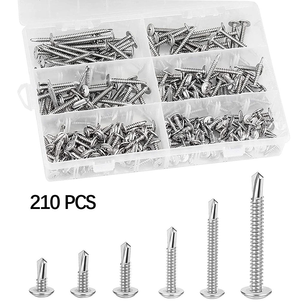 210x Self-Drilling Screws Kit 6 Sizes Cross Head Studs for Metal Repair Accs