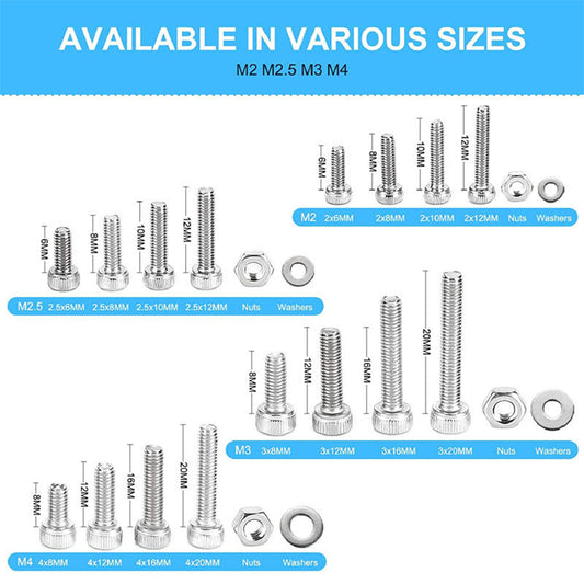1120xStainless Steel Screws Bolts and Nuts Assortment M2 M2.5 M3 M4 Hex Head